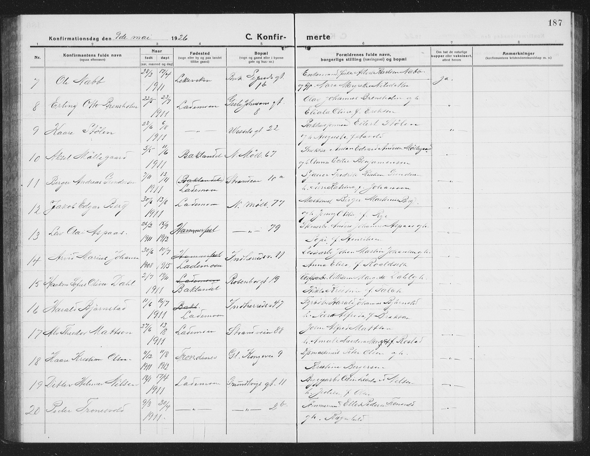 Ministerialprotokoller, klokkerbøker og fødselsregistre - Sør-Trøndelag, SAT/A-1456/605/L0258: Parish register (copy) no. 605C05, 1918-1930, p. 187