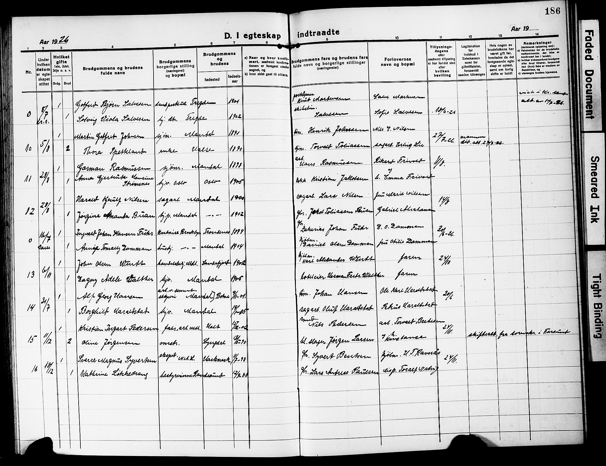 Mandal sokneprestkontor, SAK/1111-0030/F/Fb/Fbc/L0001: Parish register (copy) no. B 1, 1918-1931, p. 186