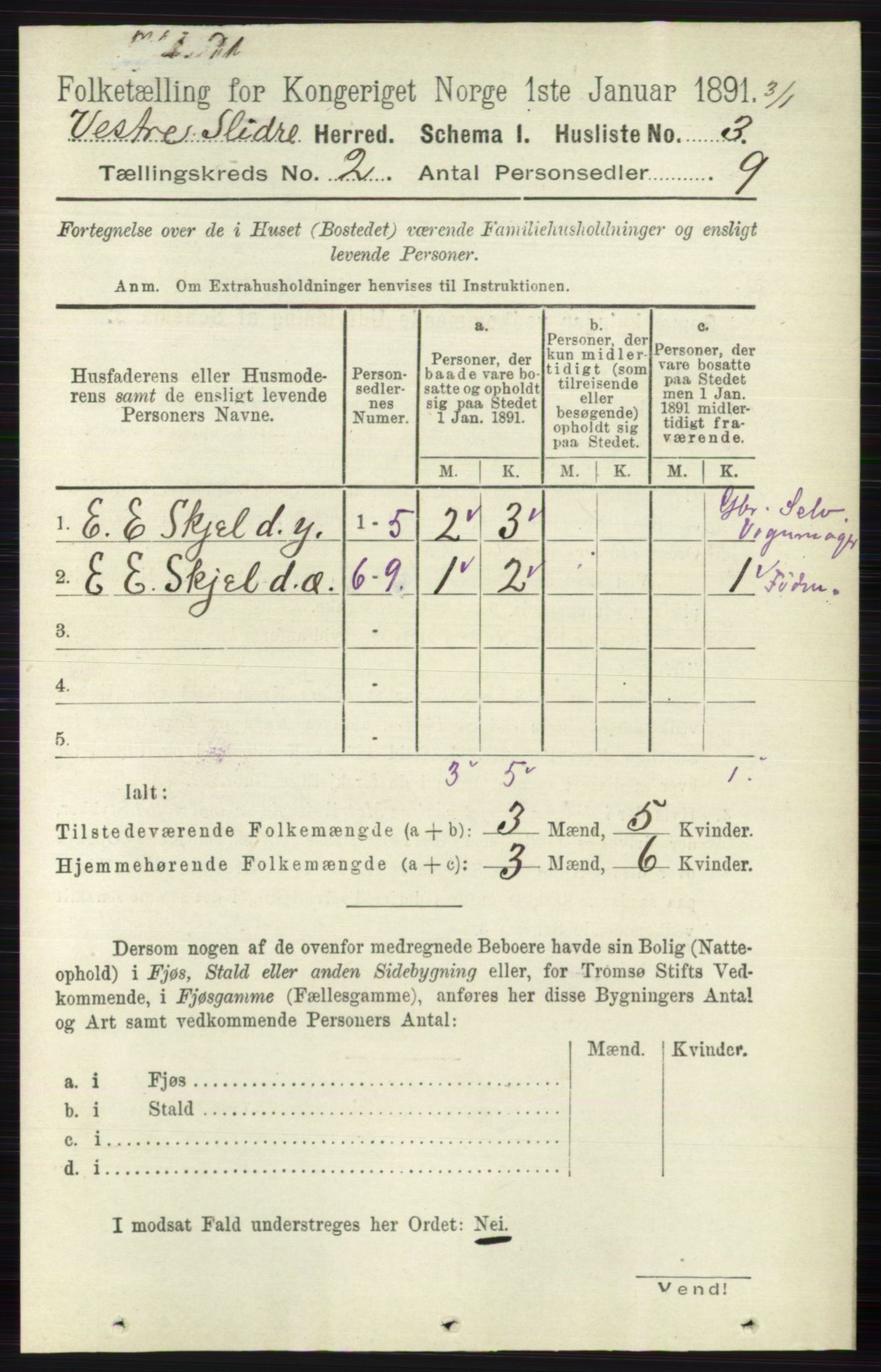 RA, 1891 census for 0543 Vestre Slidre, 1891, p. 461