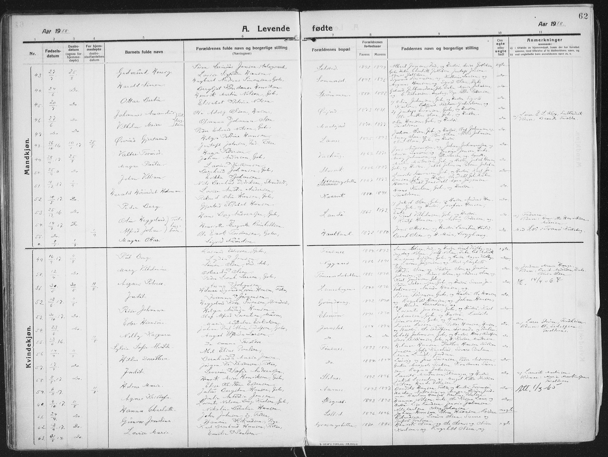 Lenvik sokneprestembete, AV/SATØ-S-1310/H/Ha/Haa/L0016kirke: Parish register (official) no. 16, 1910-1924, p. 62