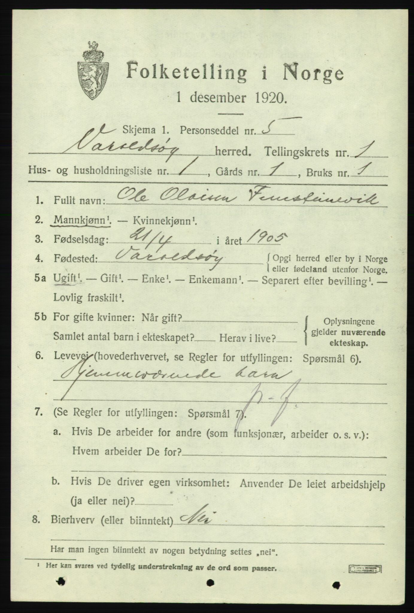 SAB, 1920 census for Varaldsøy, 1920, p. 607