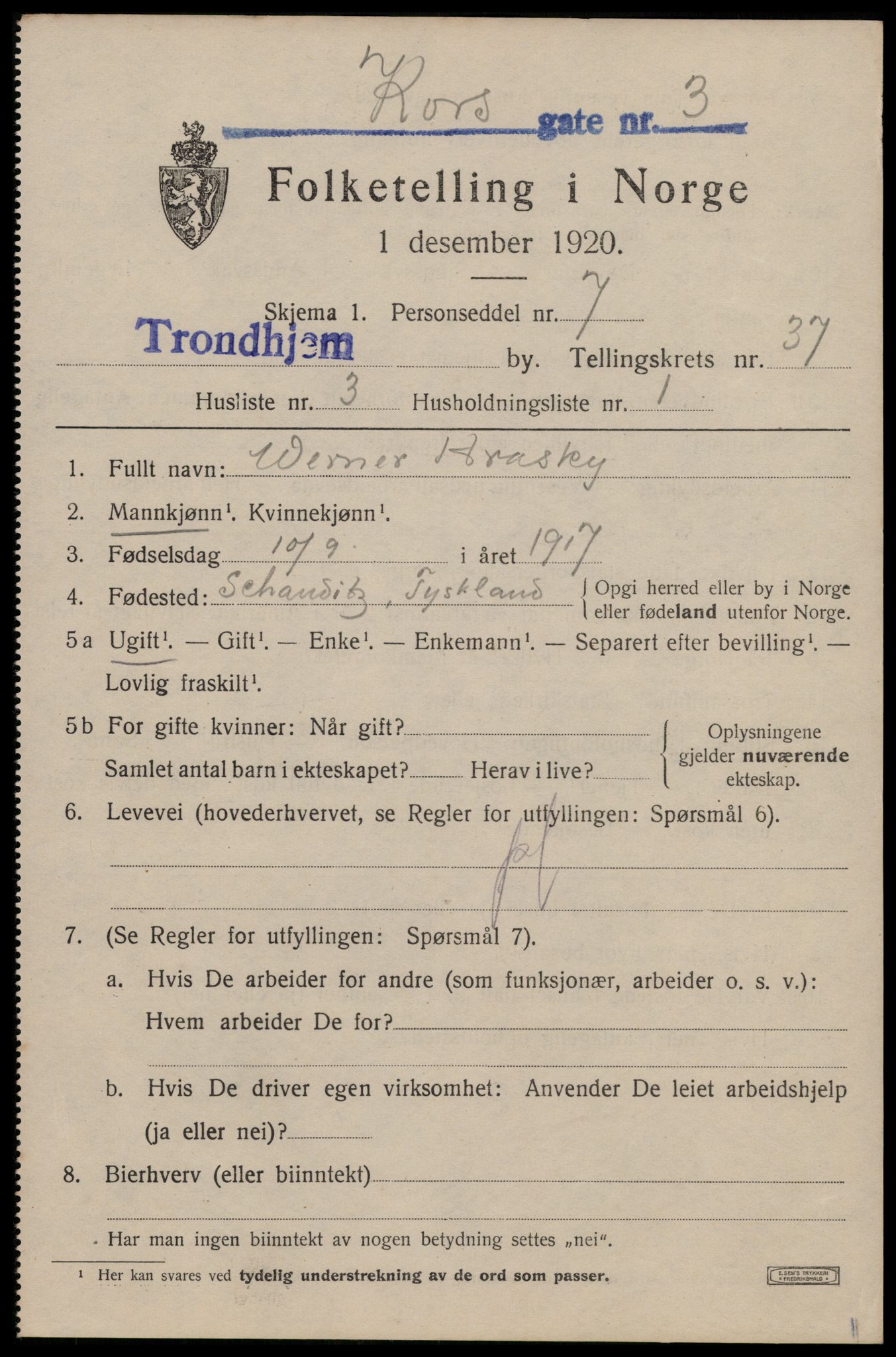 SAT, 1920 census for Trondheim, 1920, p. 84574