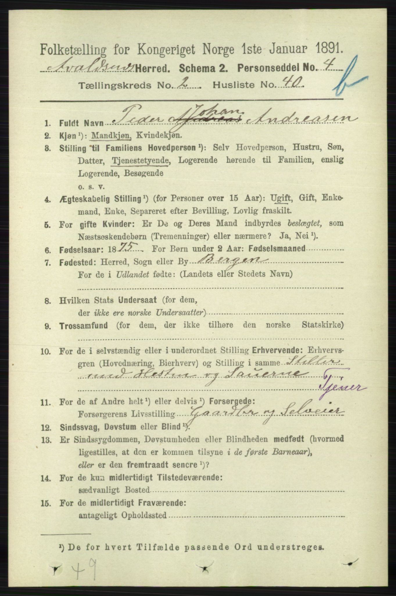 RA, 1891 census for 1147 Avaldsnes, 1891, p. 2199