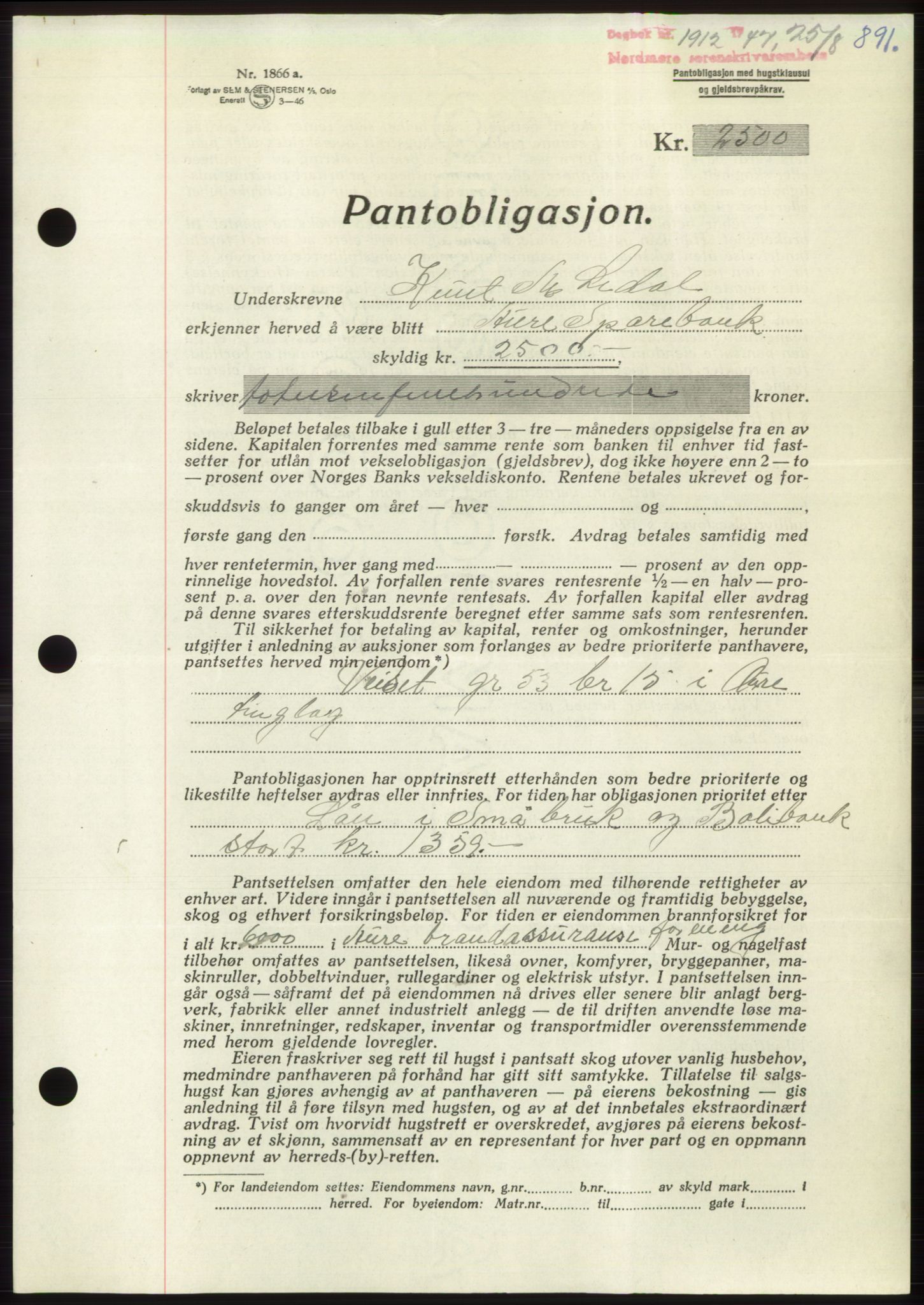 Nordmøre sorenskriveri, AV/SAT-A-4132/1/2/2Ca: Mortgage book no. B96, 1947-1947, Diary no: : 1912/1947