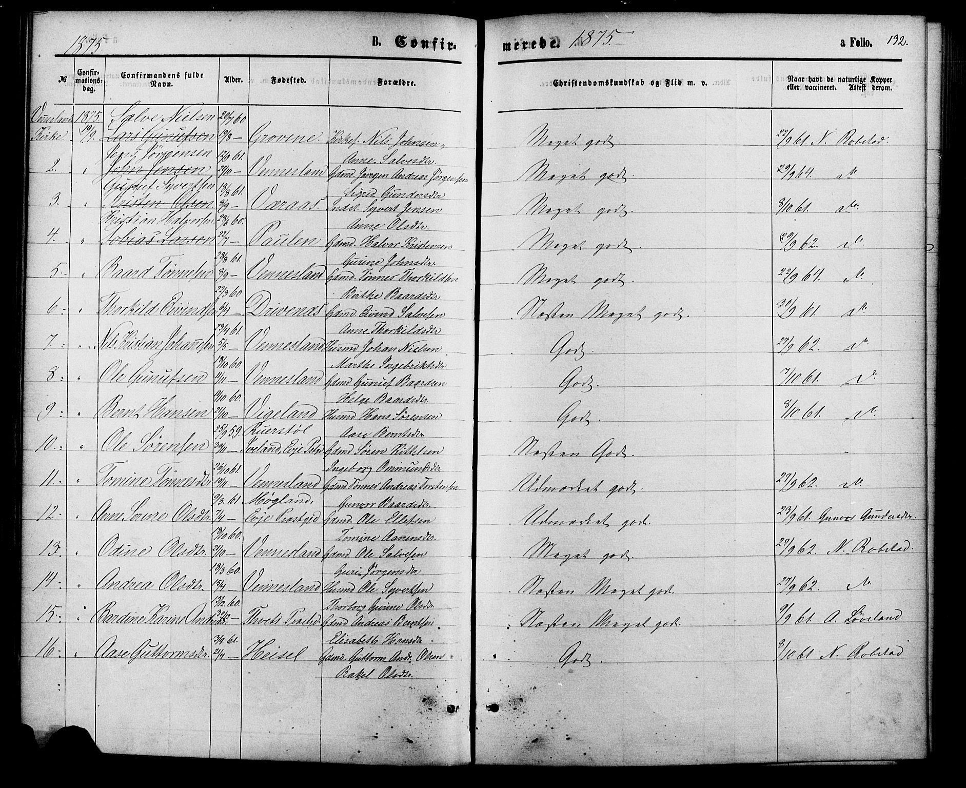 Vennesla sokneprestkontor, AV/SAK-1111-0045/Fa/Fac/L0008: Parish register (official) no. A 8, 1874-1883, p. 132