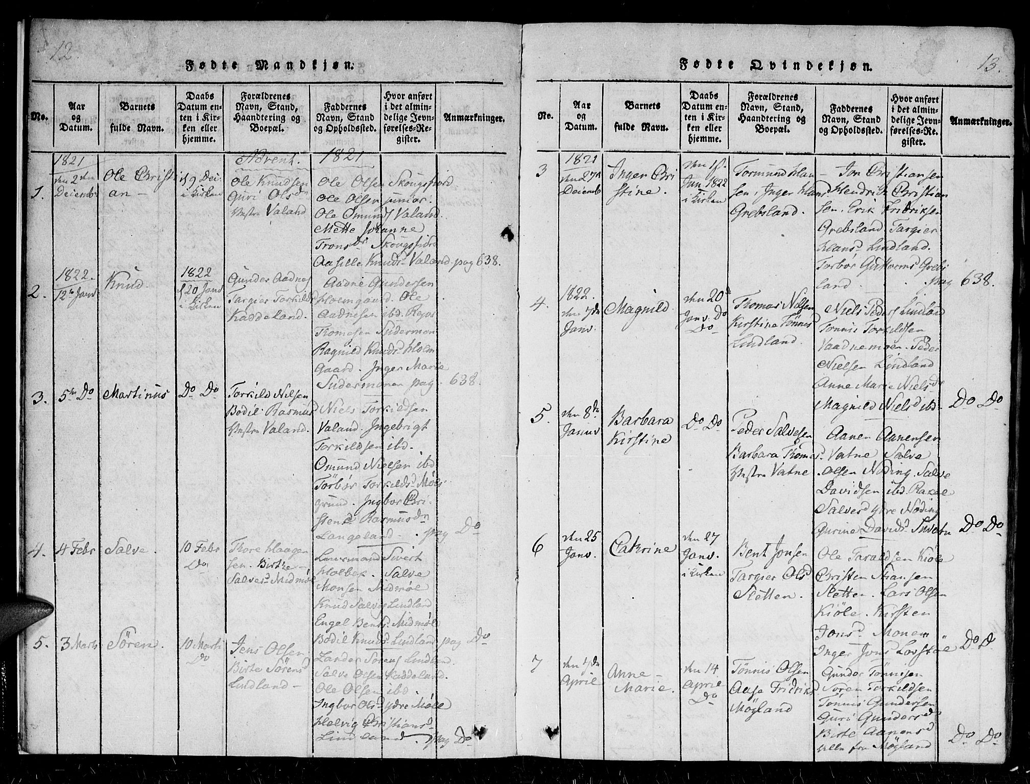 Holum sokneprestkontor, SAK/1111-0022/F/Fa/Faa/L0004: Parish register (official) no. A 4, 1820-1849, p. 12-13