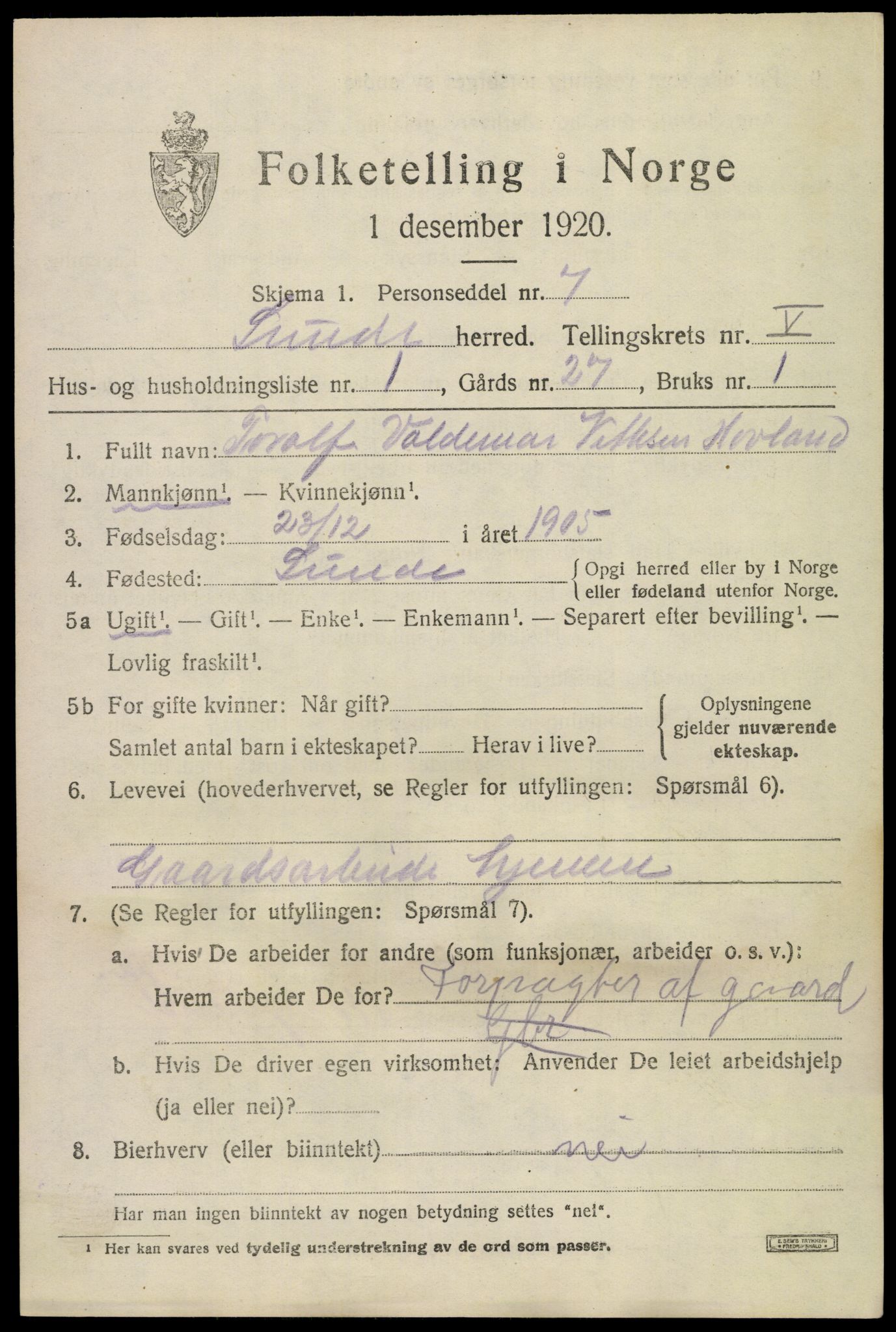 SAKO, 1920 census for Lunde, 1920, p. 3415