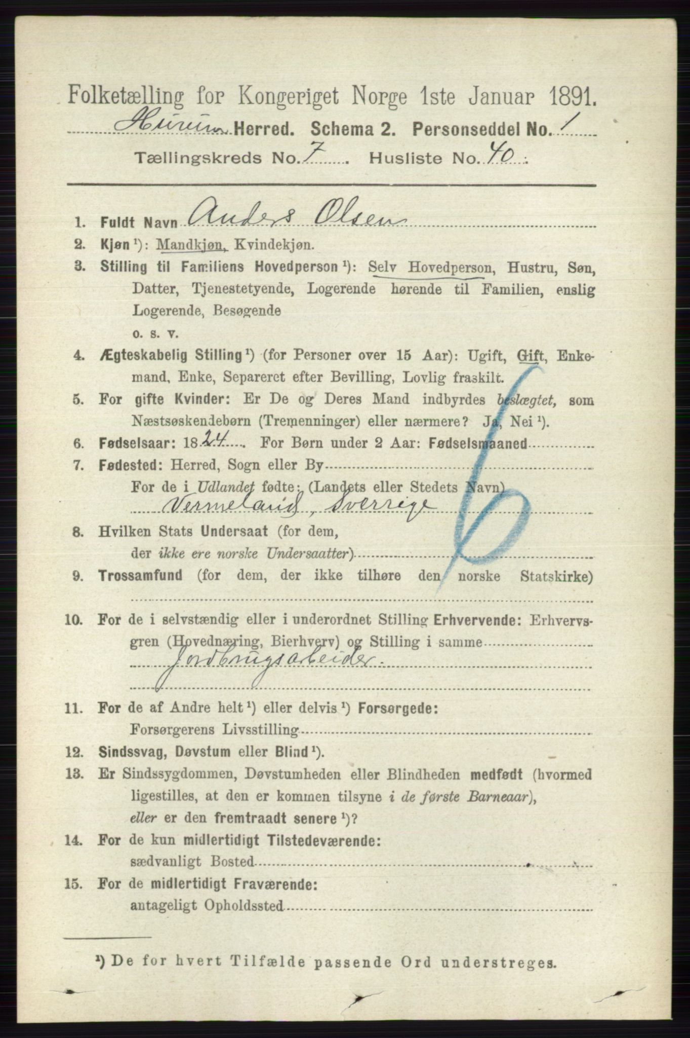 RA, 1891 census for 0628 Hurum, 1891, p. 2556