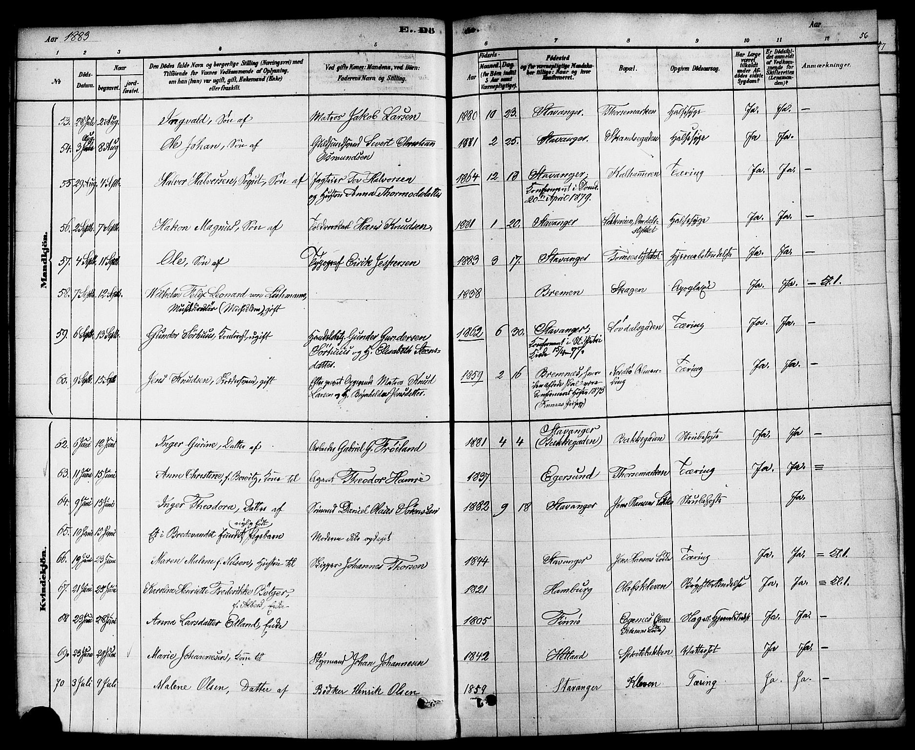 Domkirken sokneprestkontor, AV/SAST-A-101812/001/30/30BA/L0027: Parish register (official) no. A 26, 1878-1896, p. 56