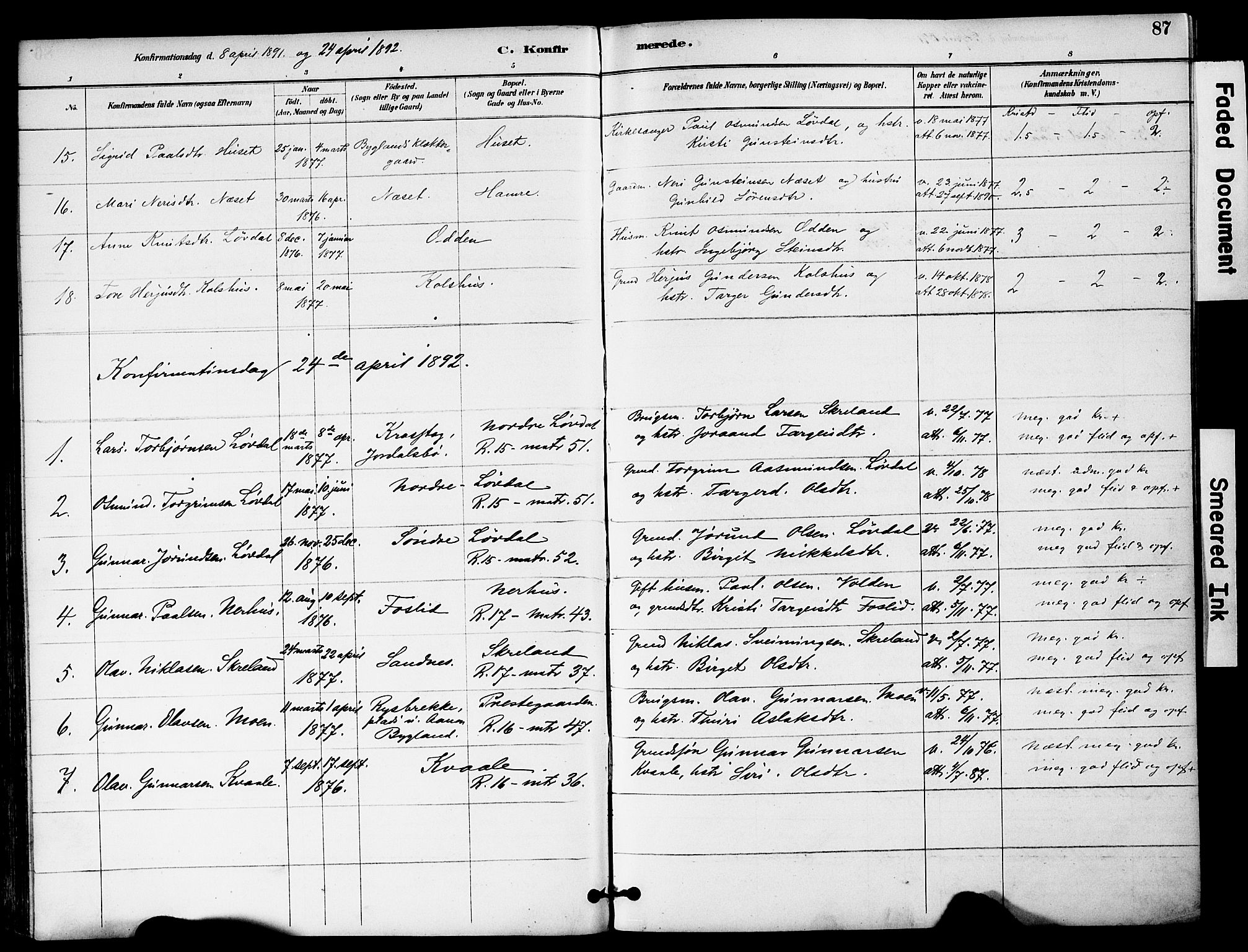 Bygland sokneprestkontor, AV/SAK-1111-0006/F/Fa/Fab/L0007: Parish register (official) no. A 7, 1885-1909, p. 87