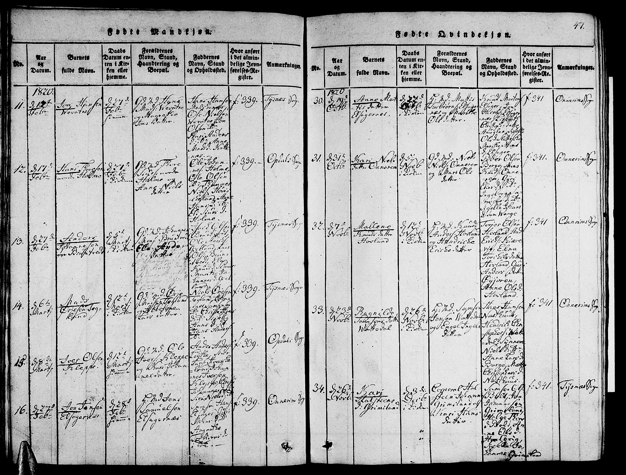 Tysnes sokneprestembete, SAB/A-78601/H/Hab: Parish register (copy) no. A 1, 1816-1828, p. 47