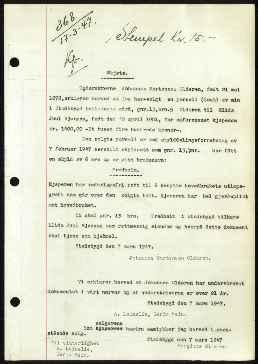 Fosen sorenskriveri, AV/SAT-A-1107/1/2/2C: Mortgage book no. A4-6, 1946-1947, Diary no: : 368/1947
