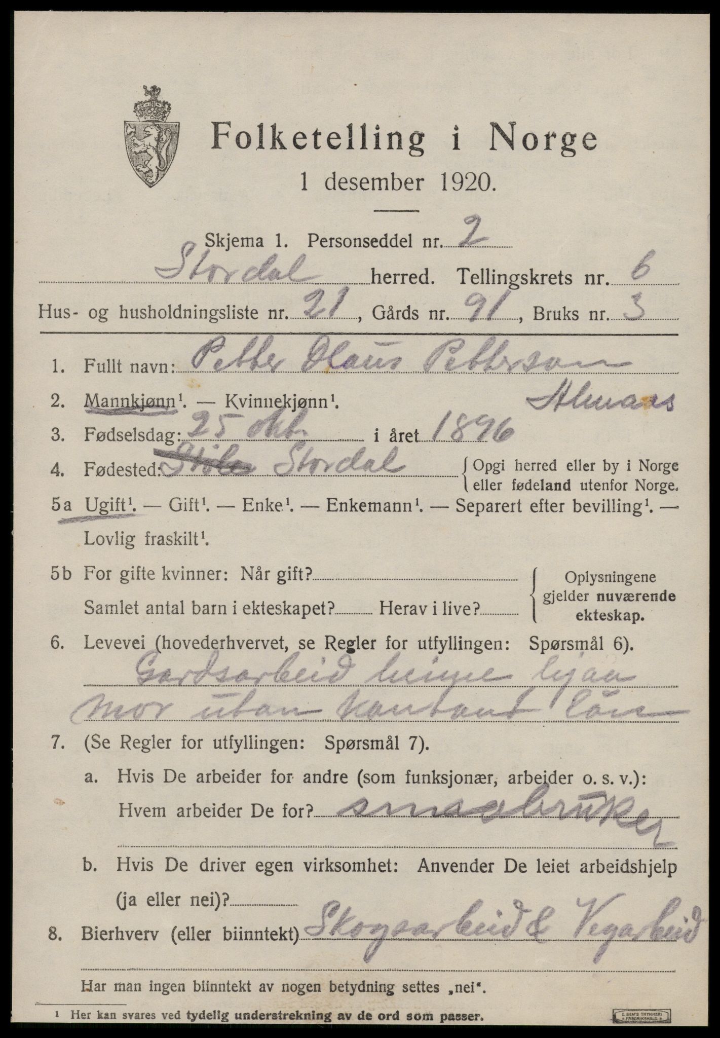 SAT, 1920 census for Stordal, 1920, p. 2080