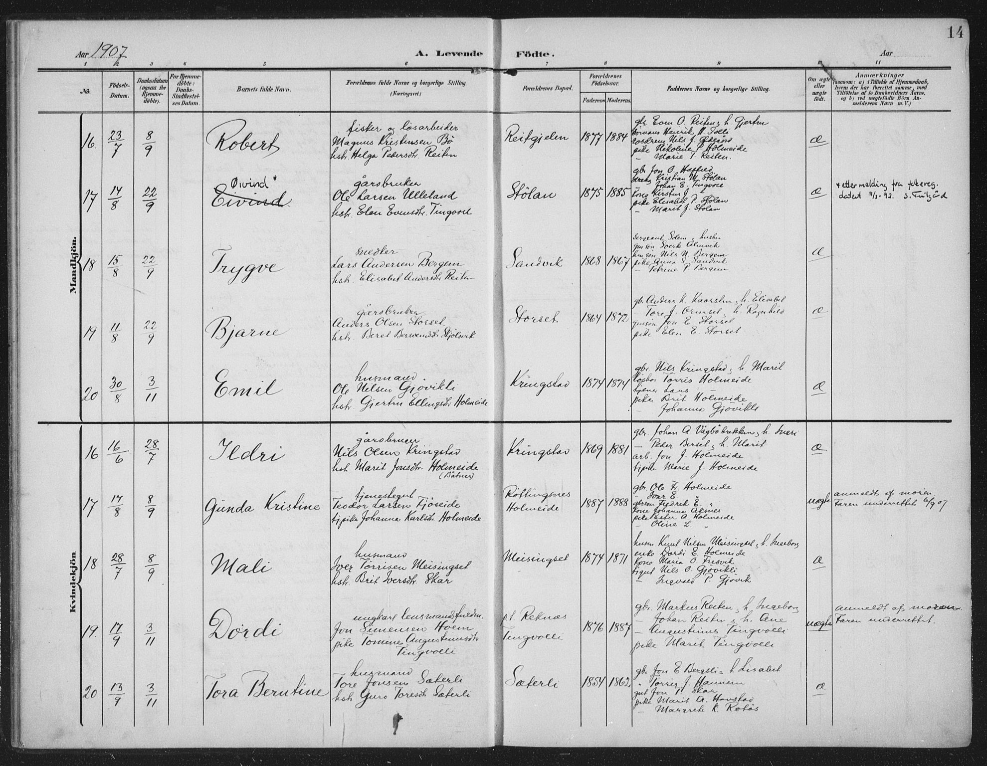 Ministerialprotokoller, klokkerbøker og fødselsregistre - Møre og Romsdal, AV/SAT-A-1454/586/L0989: Parish register (official) no. 586A15, 1906-1915, p. 14