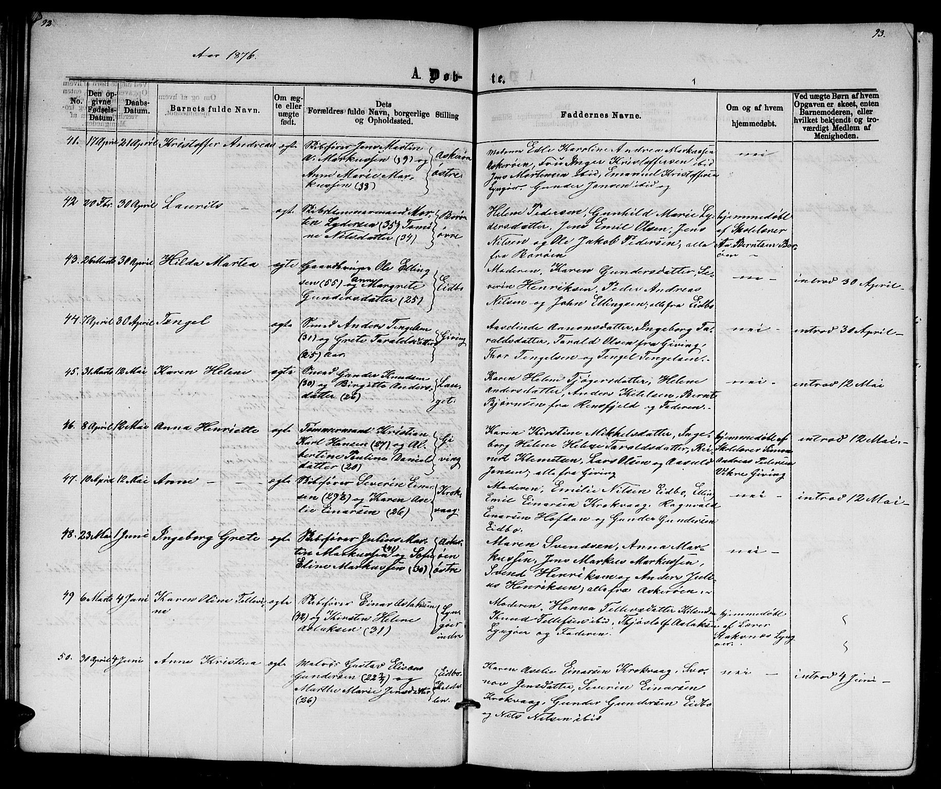Dypvåg sokneprestkontor, AV/SAK-1111-0007/F/Fb/Fba/L0012: Parish register (copy) no. B 12, 1872-1886, p. 92-93