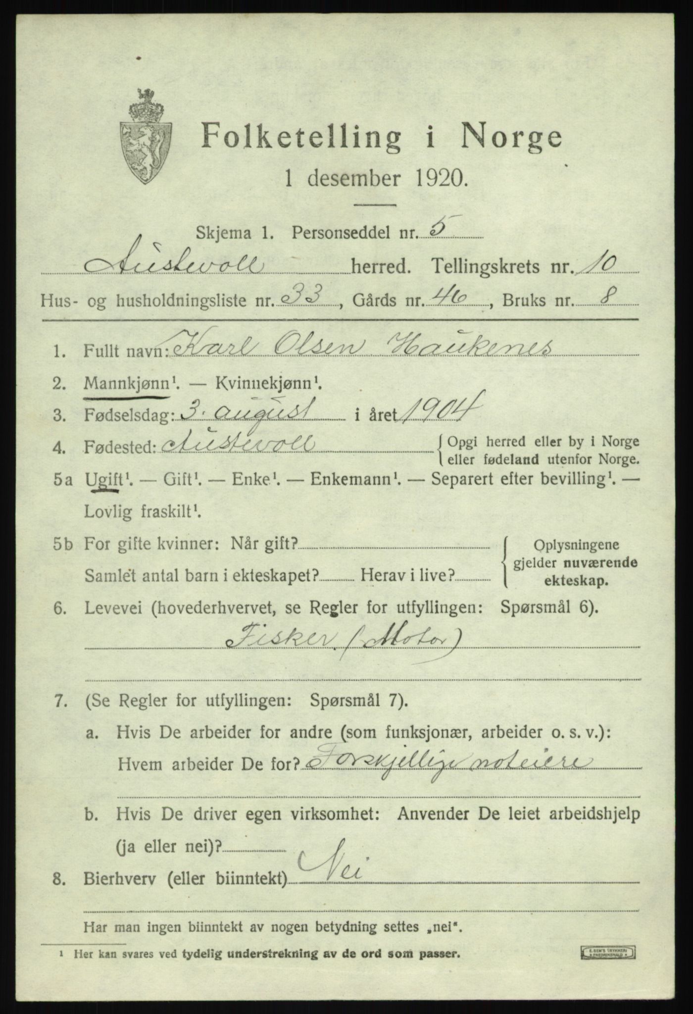 SAB, 1920 census for Austevoll, 1920, p. 6020