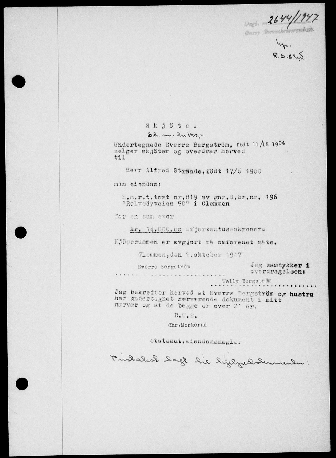 Onsøy sorenskriveri, SAO/A-10474/G/Ga/Gab/L0021: Mortgage book no. II A-21, 1947-1947, Diary no: : 2644/1947