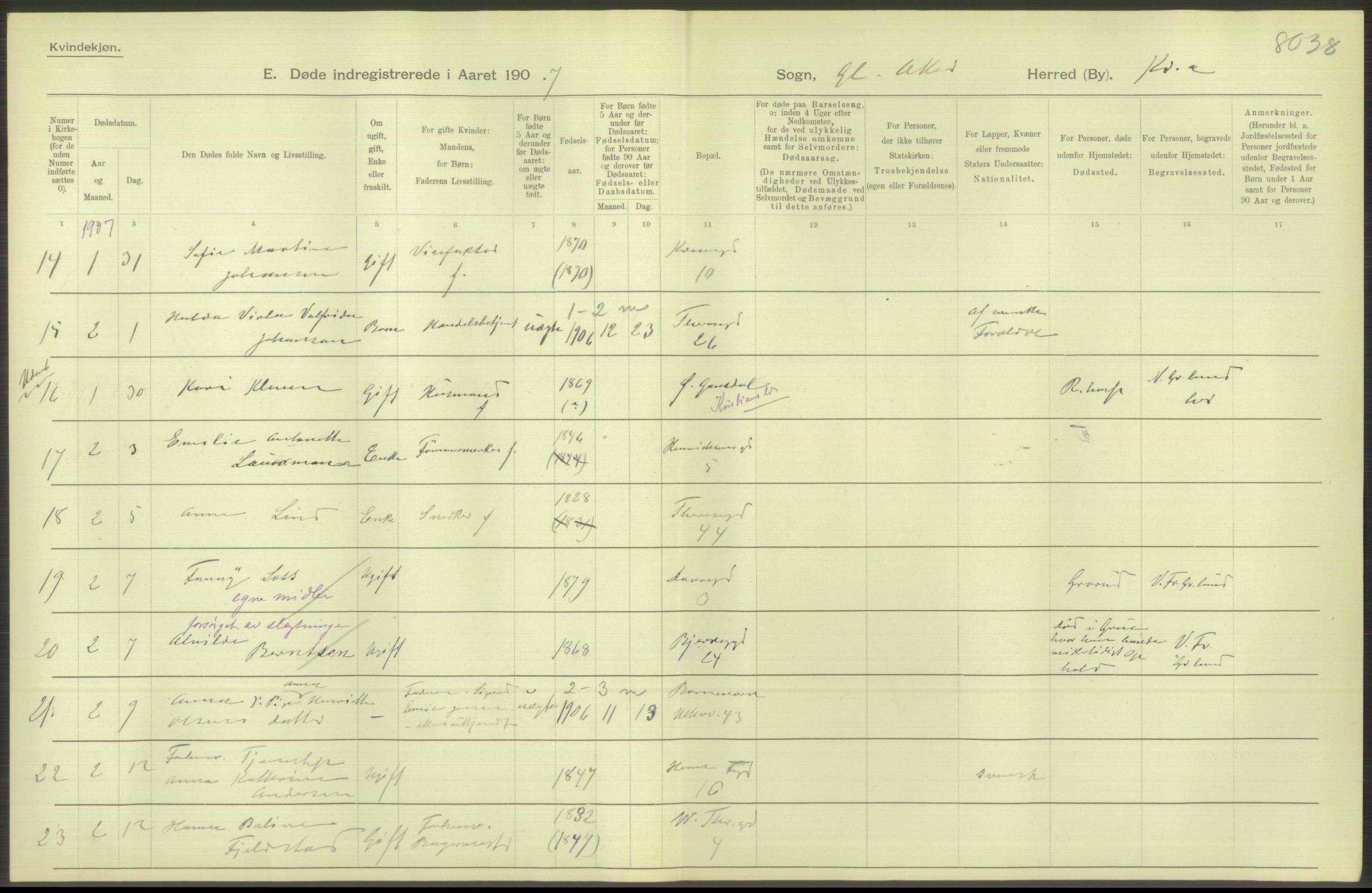 Statistisk sentralbyrå, Sosiodemografiske emner, Befolkning, AV/RA-S-2228/D/Df/Dfa/Dfae/L0009: Kristiania: Døde, 1907, p. 258