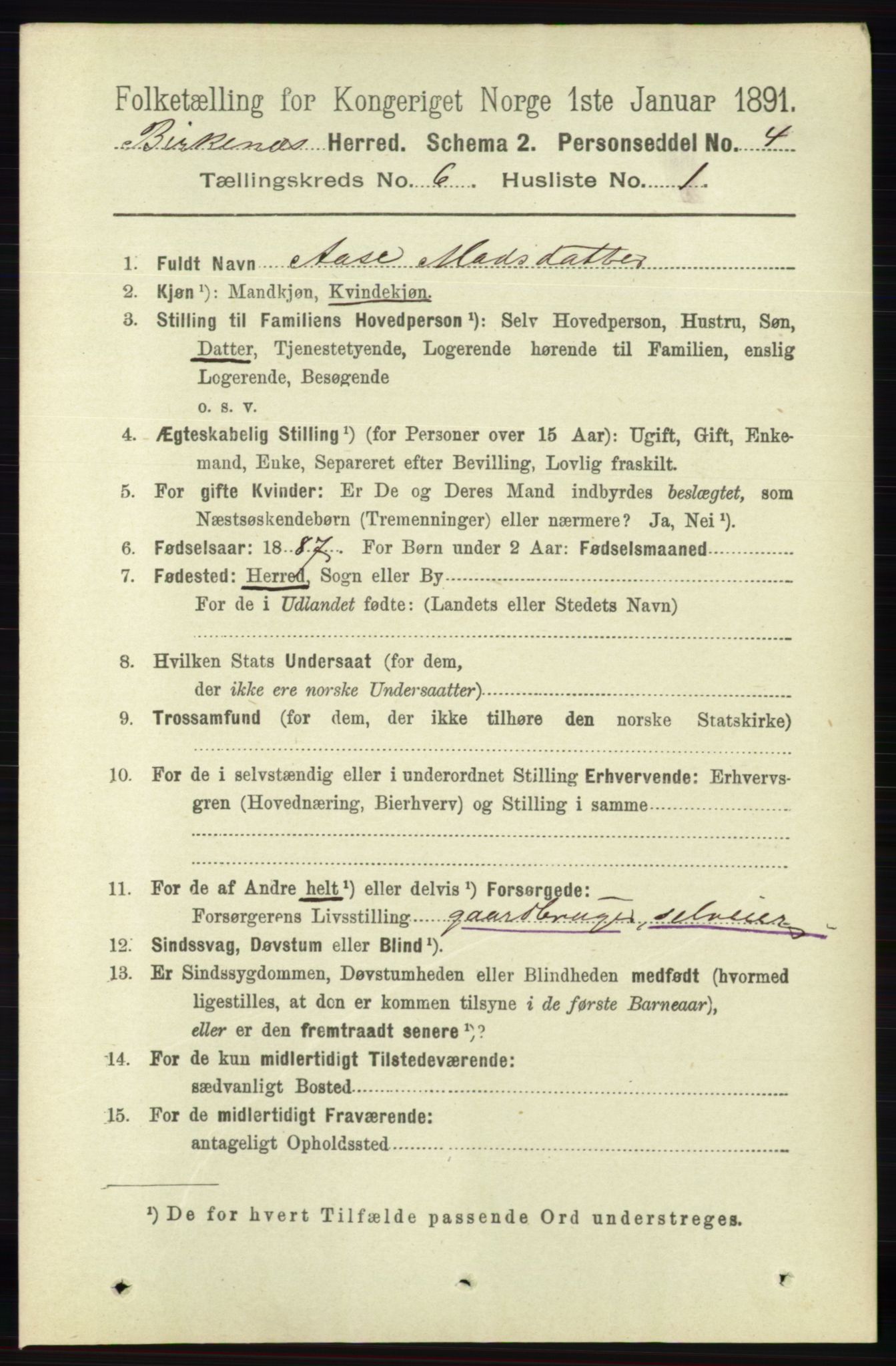 RA, 1891 Census for 0928 Birkenes, 1891, p. 1798