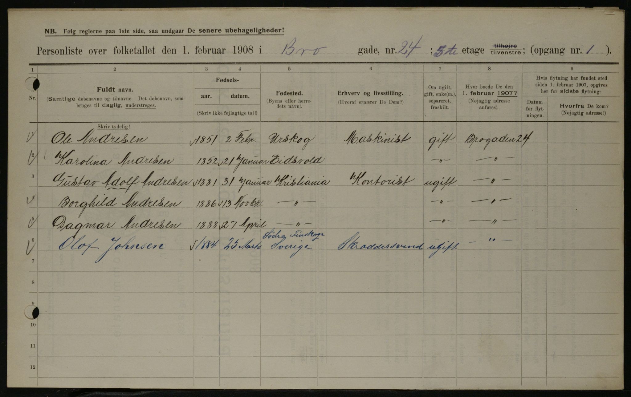 OBA, Municipal Census 1908 for Kristiania, 1908, p. 9508