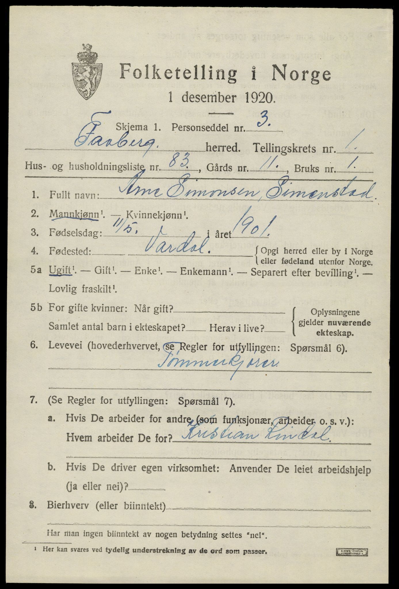 SAH, 1920 census for Fåberg, 1920, p. 3228