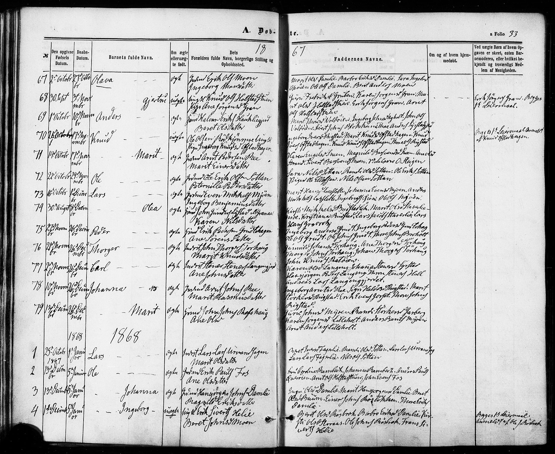 Ministerialprotokoller, klokkerbøker og fødselsregistre - Sør-Trøndelag, SAT/A-1456/672/L0856: Parish register (official) no. 672A08, 1861-1881, p. 33