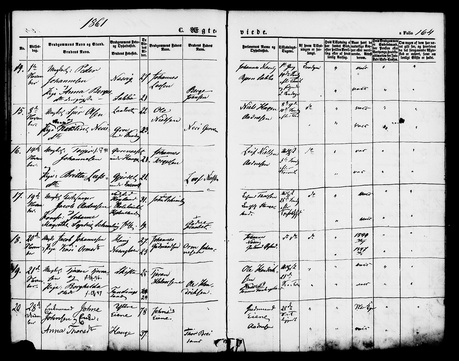 Hjelmeland sokneprestkontor, AV/SAST-A-101843/01/IV/L0011: Parish register (official) no. A 11, 1861-1878, p. 164