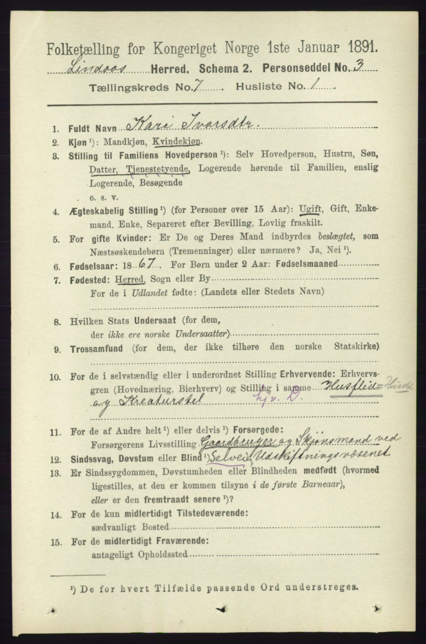 RA, 1891 census for 1263 Lindås, 1891, p. 2079