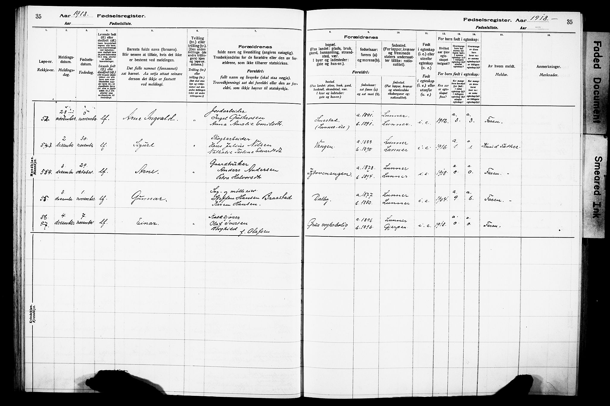 Lunner prestekontor, AV/SAH-PREST-118/I/Id/L0001: Birth register no. 1, 1916-1932, p. 35