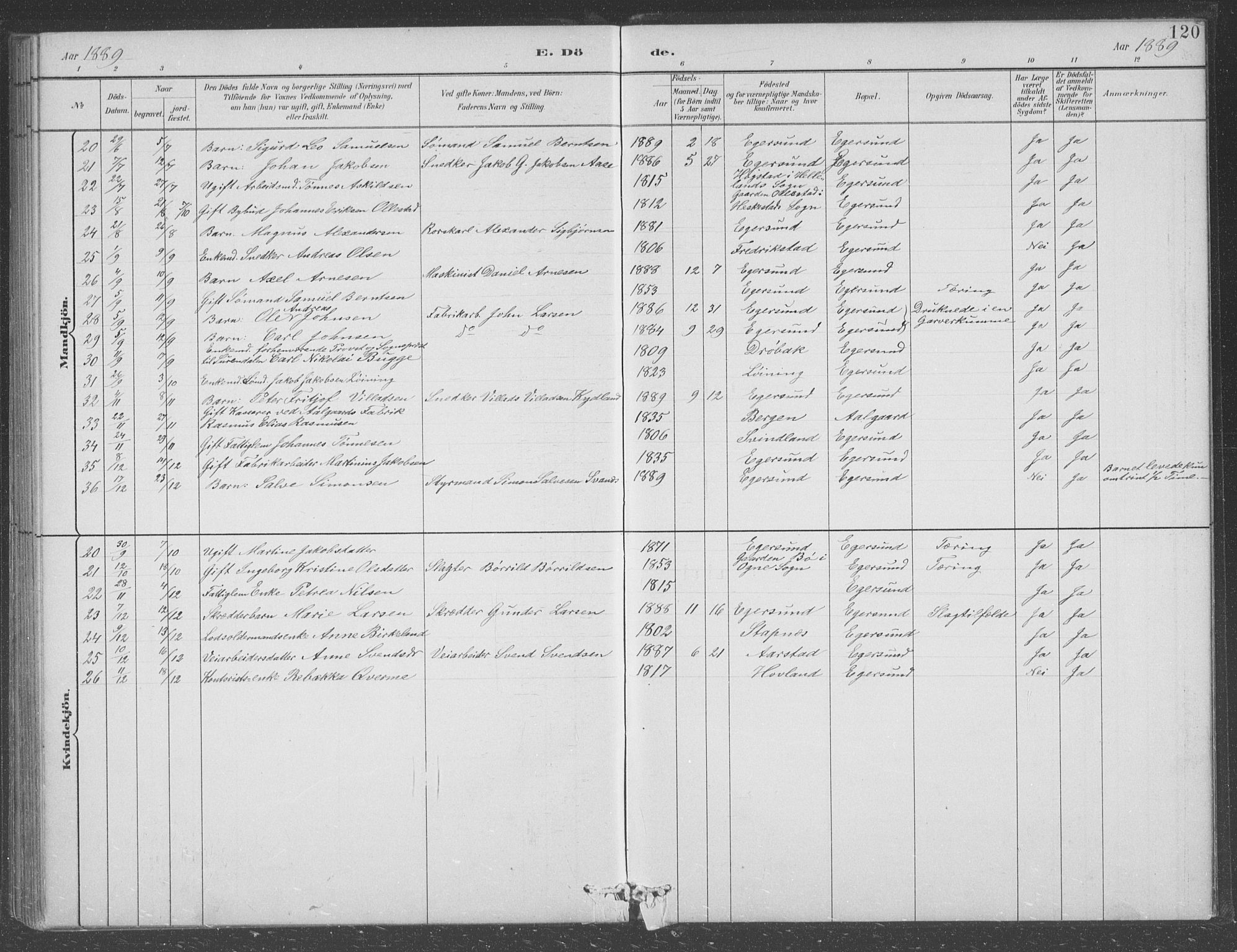 Eigersund sokneprestkontor, AV/SAST-A-101807/S09/L0008: Parish register (copy) no. B 8, 1882-1892, p. 120