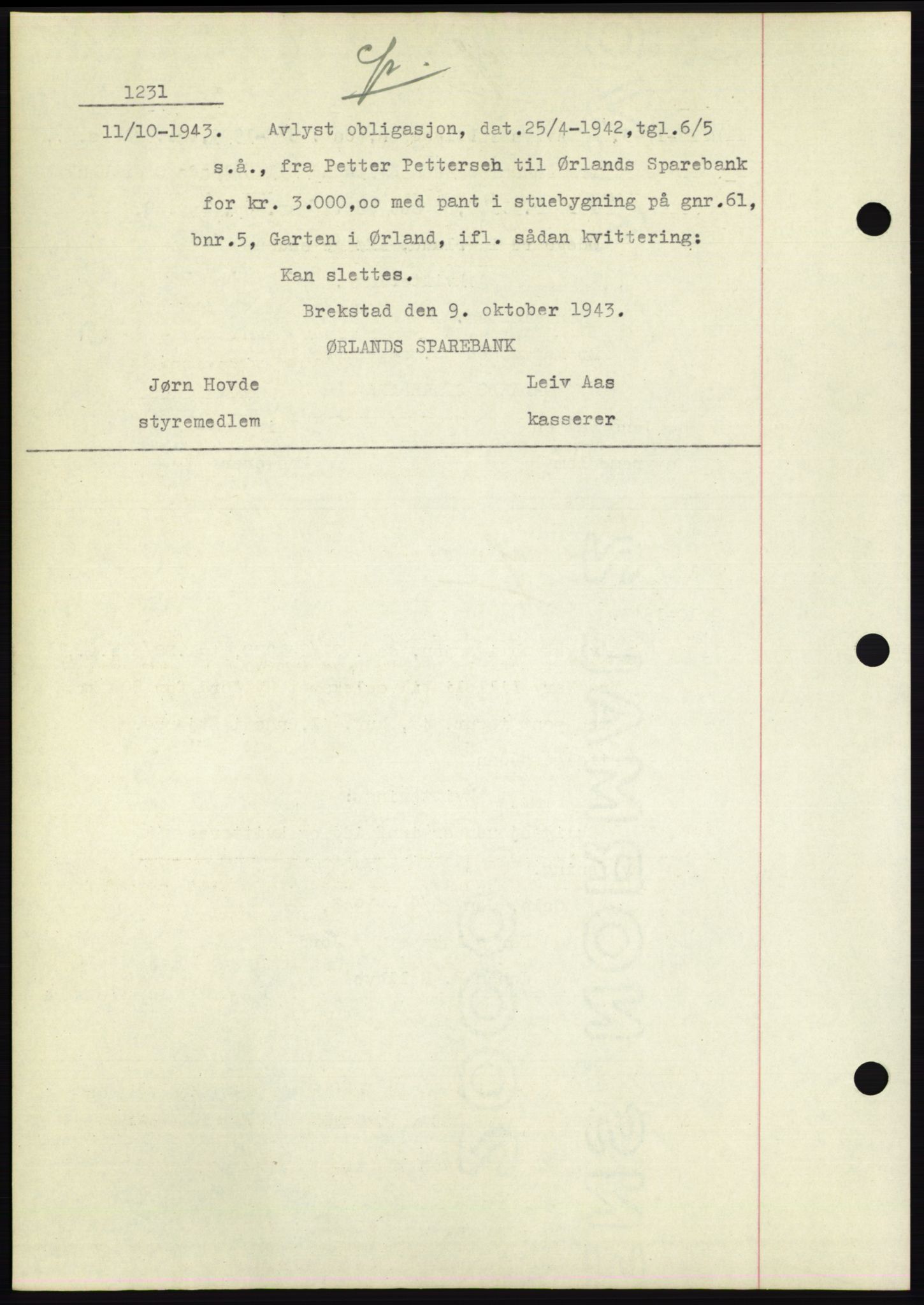 Fosen sorenskriveri, AV/SAT-A-1107/1/2/2C: Mortgage book no. B1, 1943-1946, Diary no: : 1231/1943