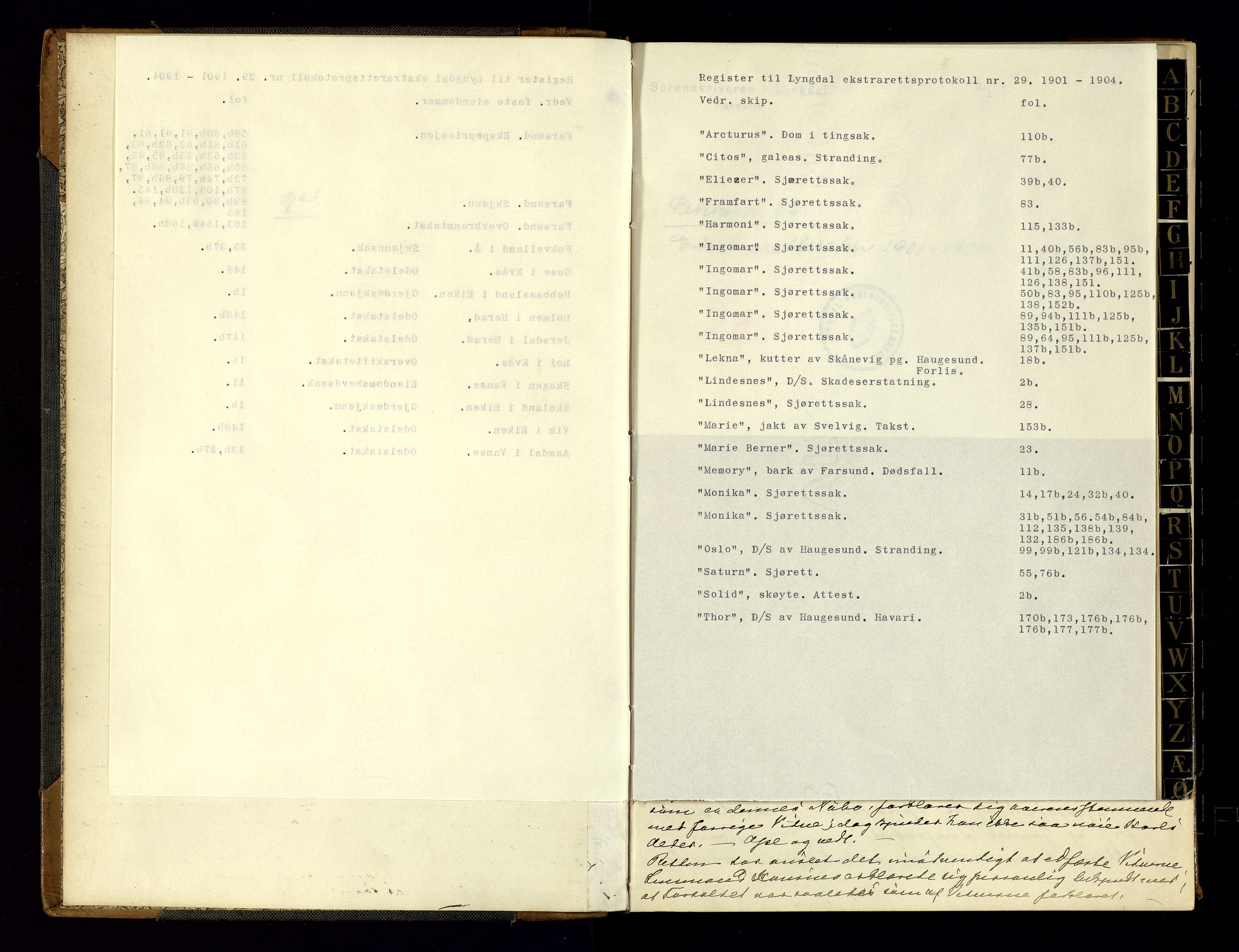Lyngdal sorenskriveri, AV/SAK-1221-0004/F/Fb/L0093: Ekstrarettsprotokoll nr. 29, 1901-1904