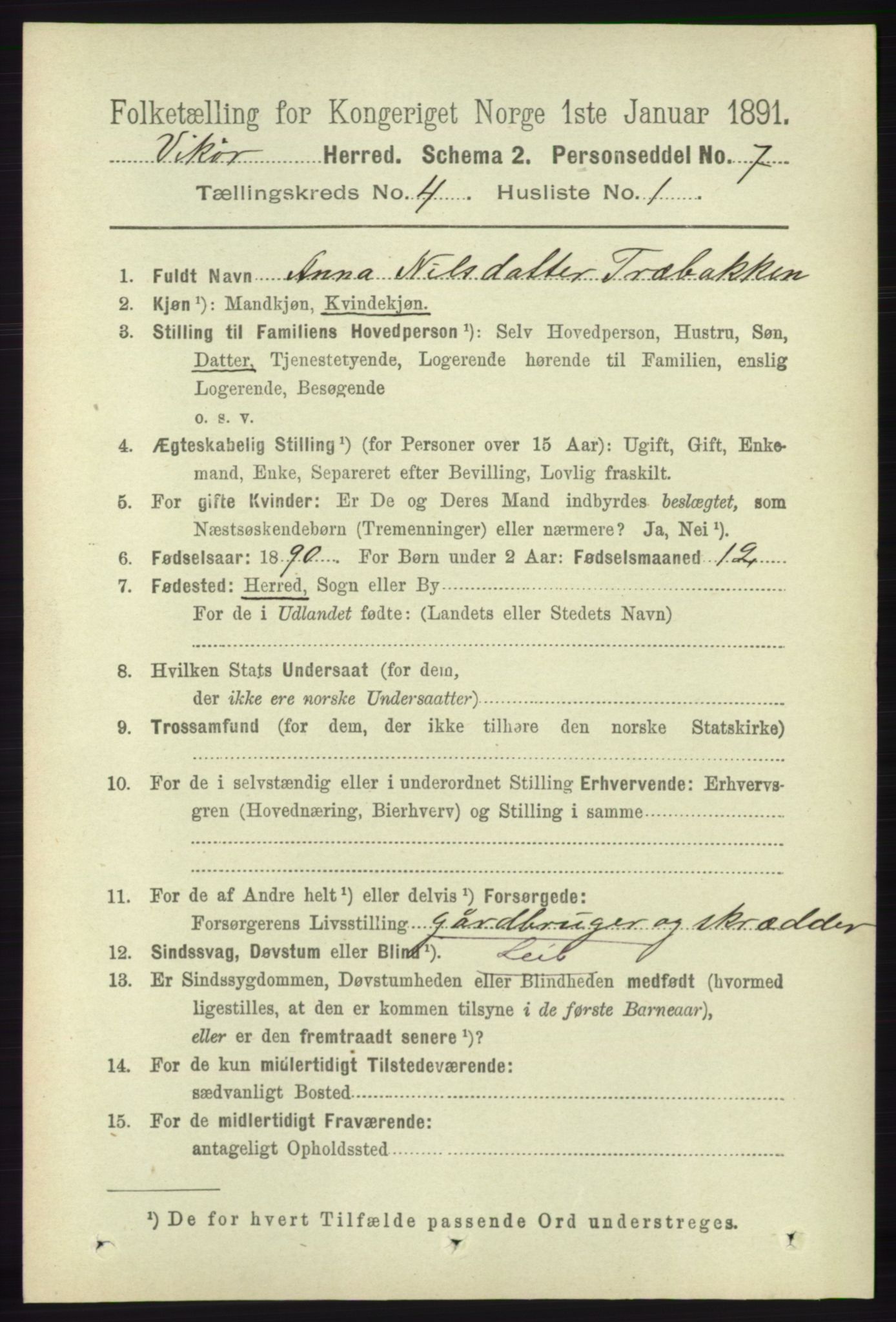 RA, 1891 census for 1238 Vikør, 1891, p. 1091