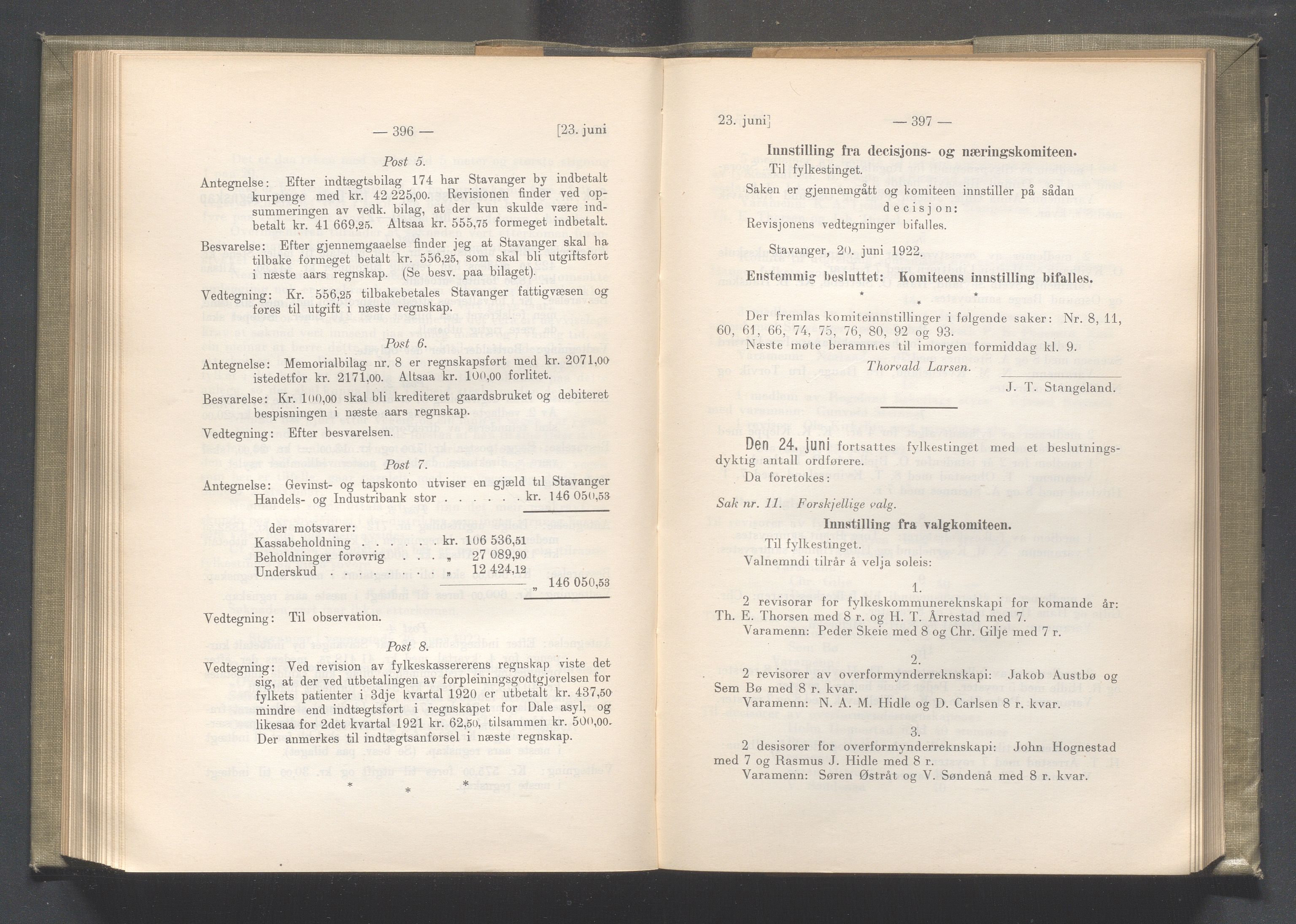 Rogaland fylkeskommune - Fylkesrådmannen , IKAR/A-900/A/Aa/Aaa/L0041: Møtebok , 1922, p. 396-397