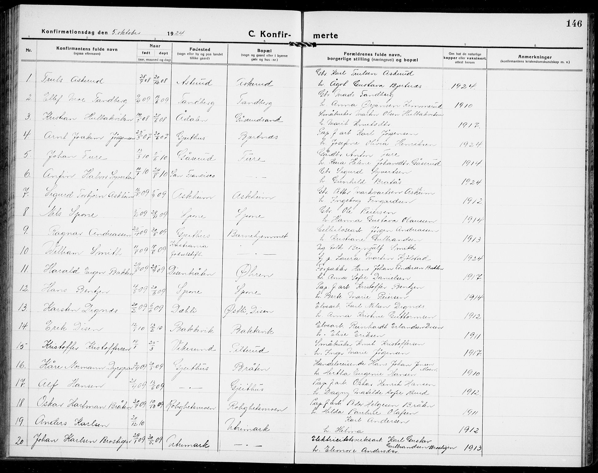 Modum kirkebøker, SAKO/A-234/G/Ga/L0012: Parish register (copy) no. I 12, 1923-1933, p. 146