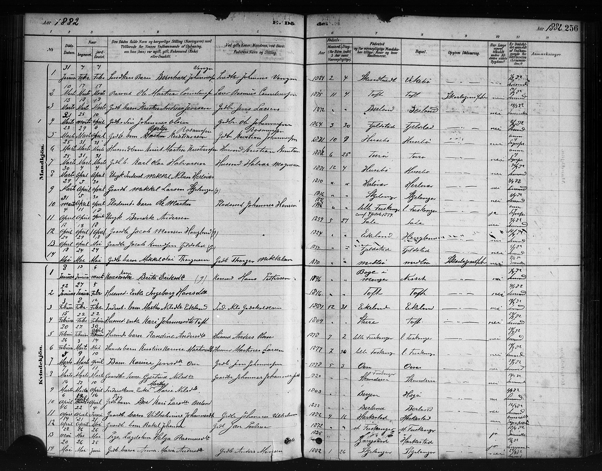 Herdla Sokneprestembete, AV/SAB-A-75701/H/Haa: Parish register (official) no. A 3, 1878-1890, p. 256