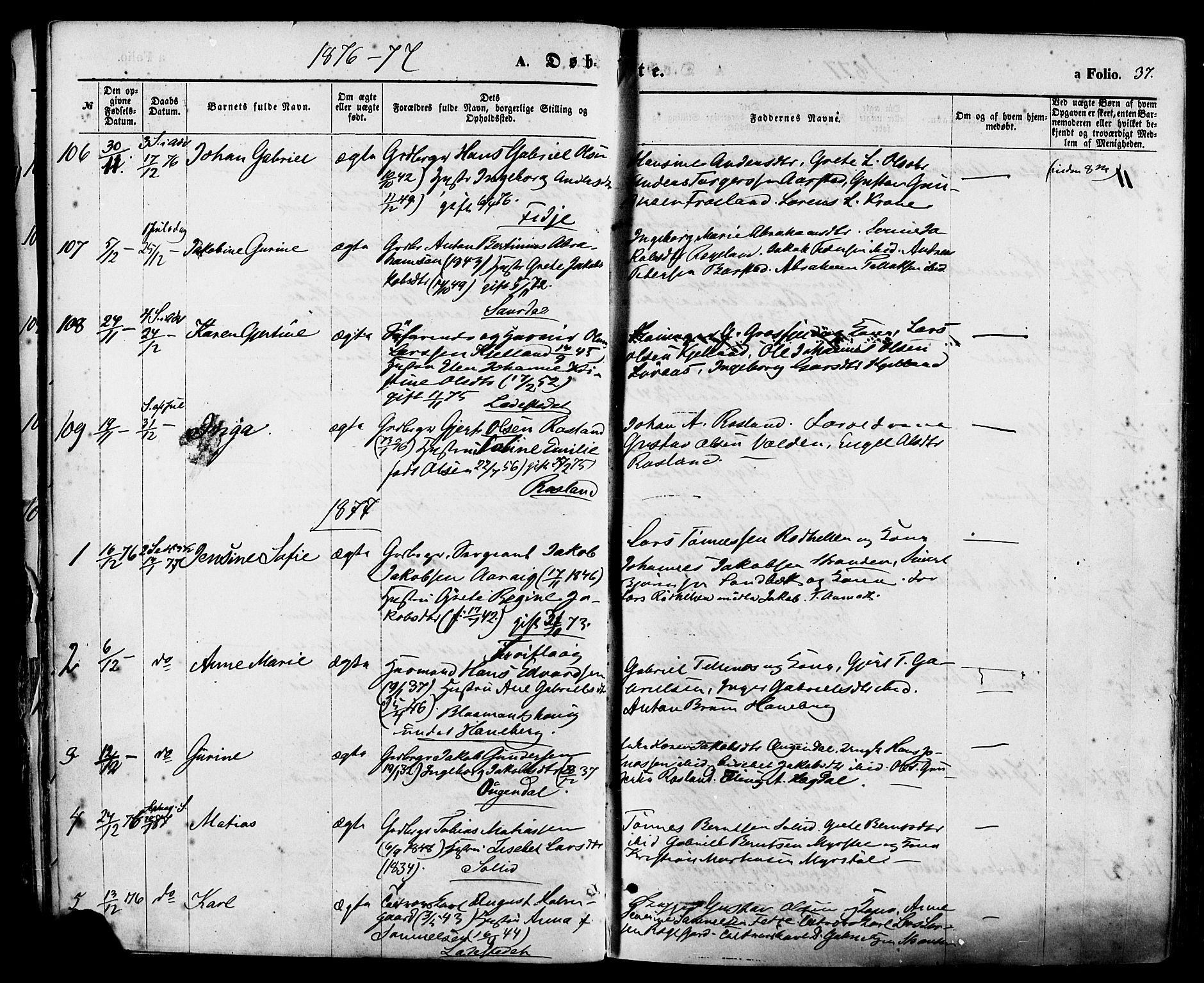 Sokndal sokneprestkontor, SAST/A-101808: Parish register (official) no. A 10, 1874-1886, p. 37