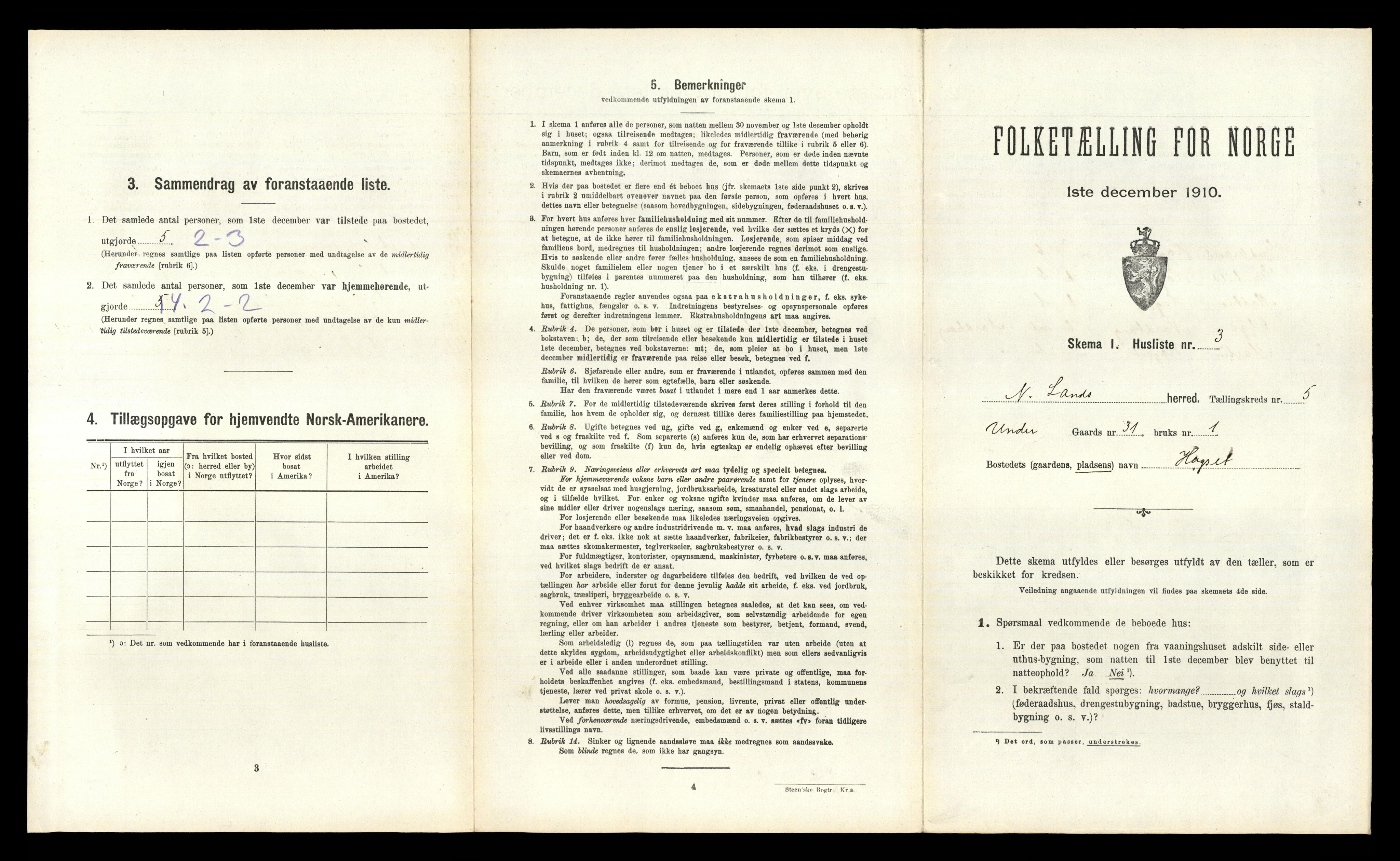 RA, 1910 census for Nordre Land, 1910, p. 465