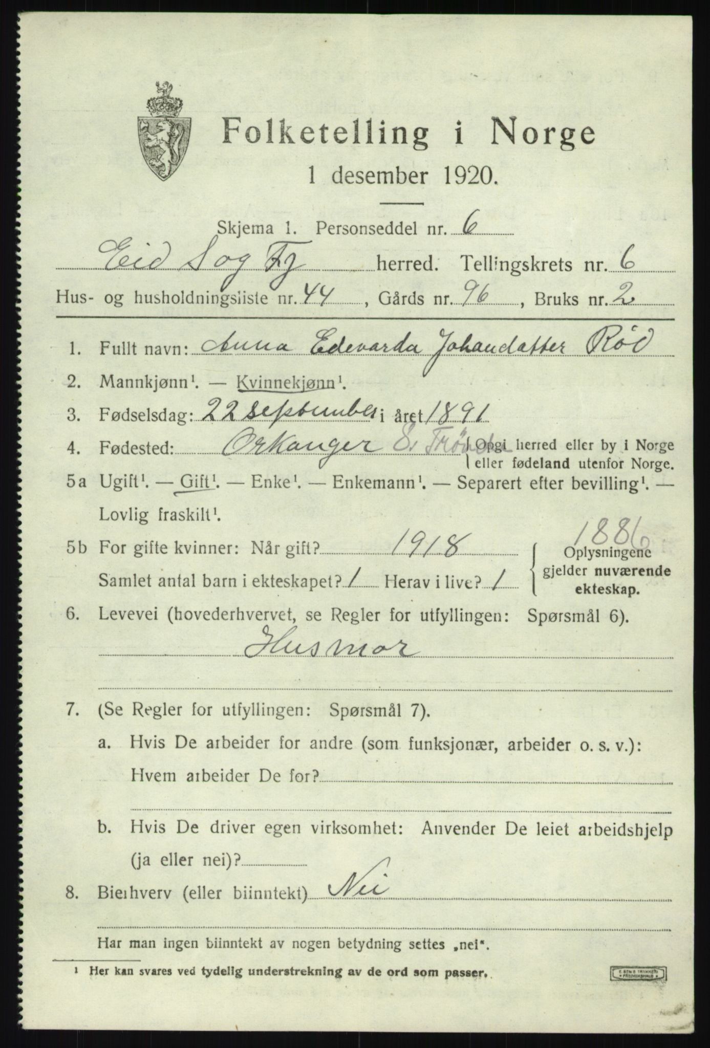 SAB, 1920 census for Eid, 1920, p. 3464