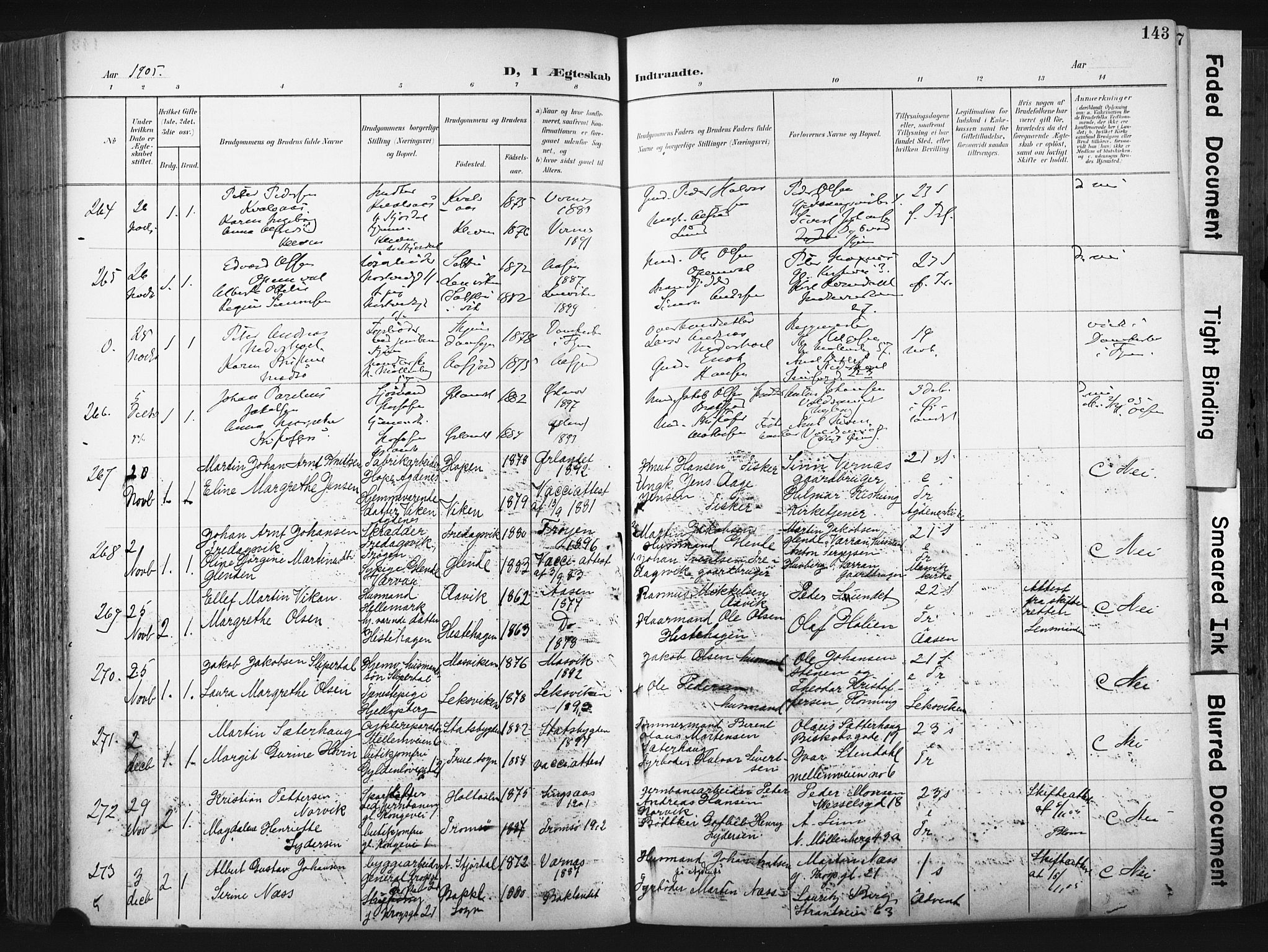 Ministerialprotokoller, klokkerbøker og fødselsregistre - Sør-Trøndelag, AV/SAT-A-1456/604/L0201: Parish register (official) no. 604A21, 1901-1911, p. 143