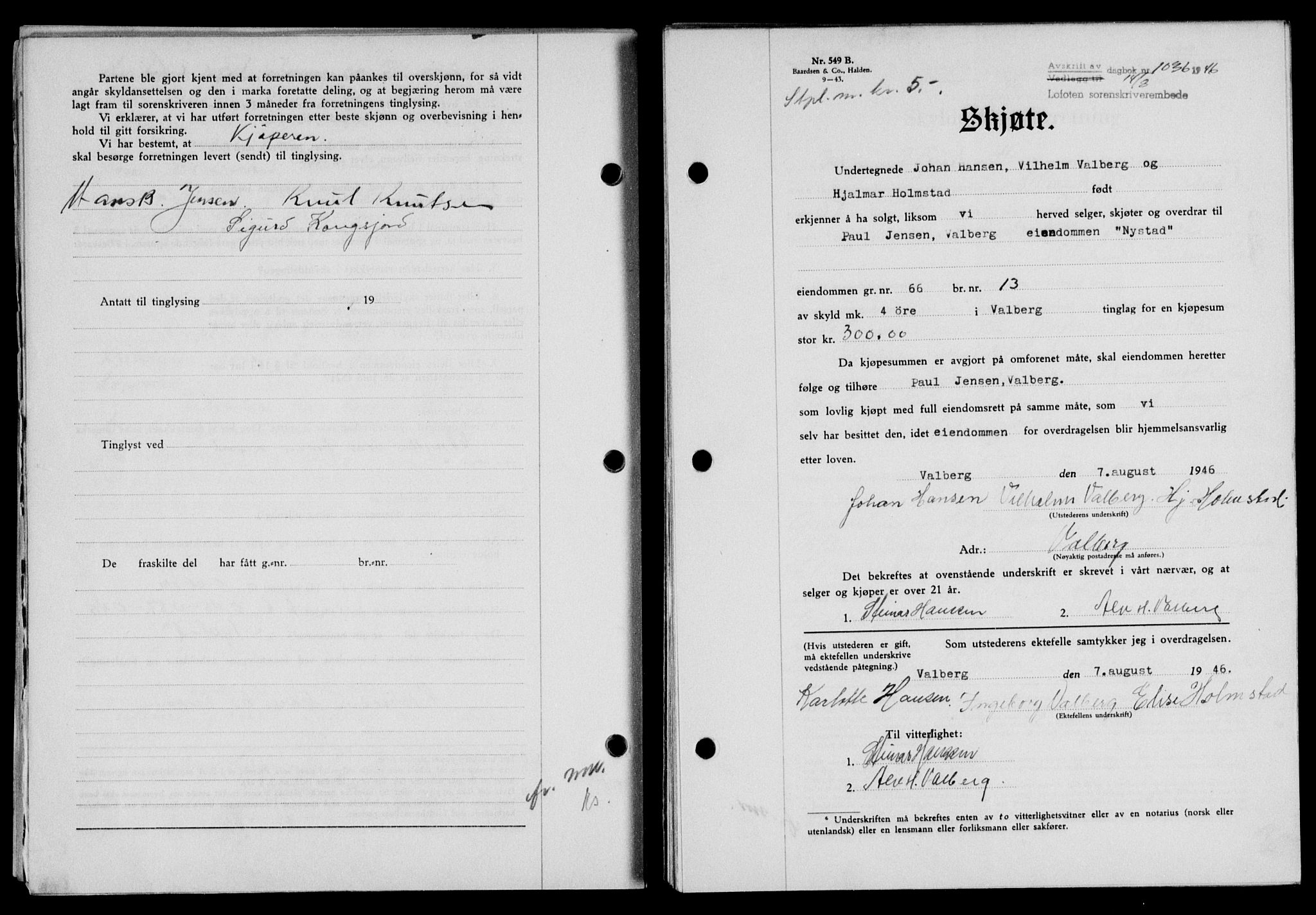 Lofoten sorenskriveri, SAT/A-0017/1/2/2C/L0014a: Mortgage book no. 14a, 1946-1946, Diary no: : 1036/1946