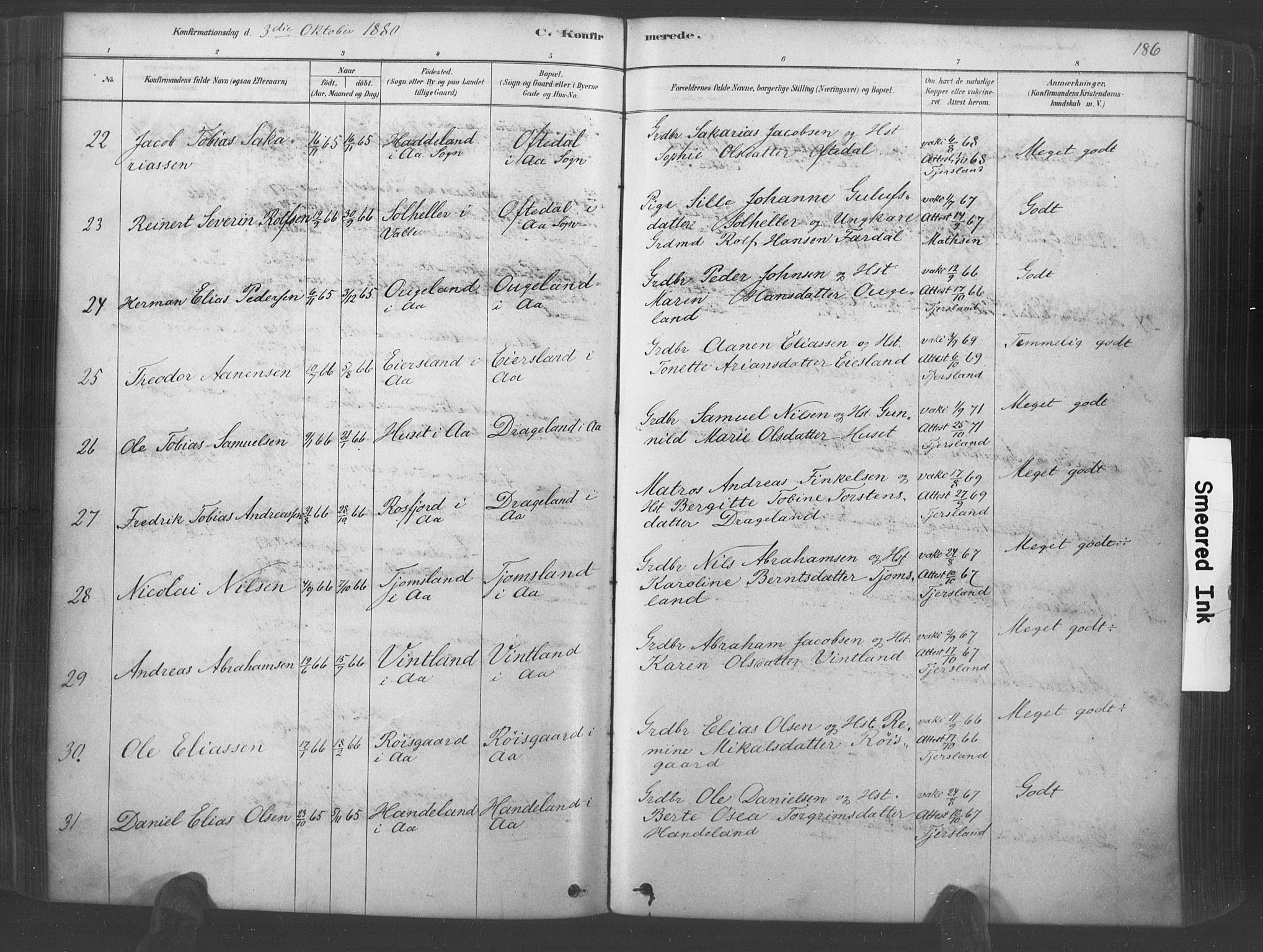 Lyngdal sokneprestkontor, AV/SAK-1111-0029/F/Fa/Fac/L0011: Parish register (official) no. A 11, 1878-1893, p. 186