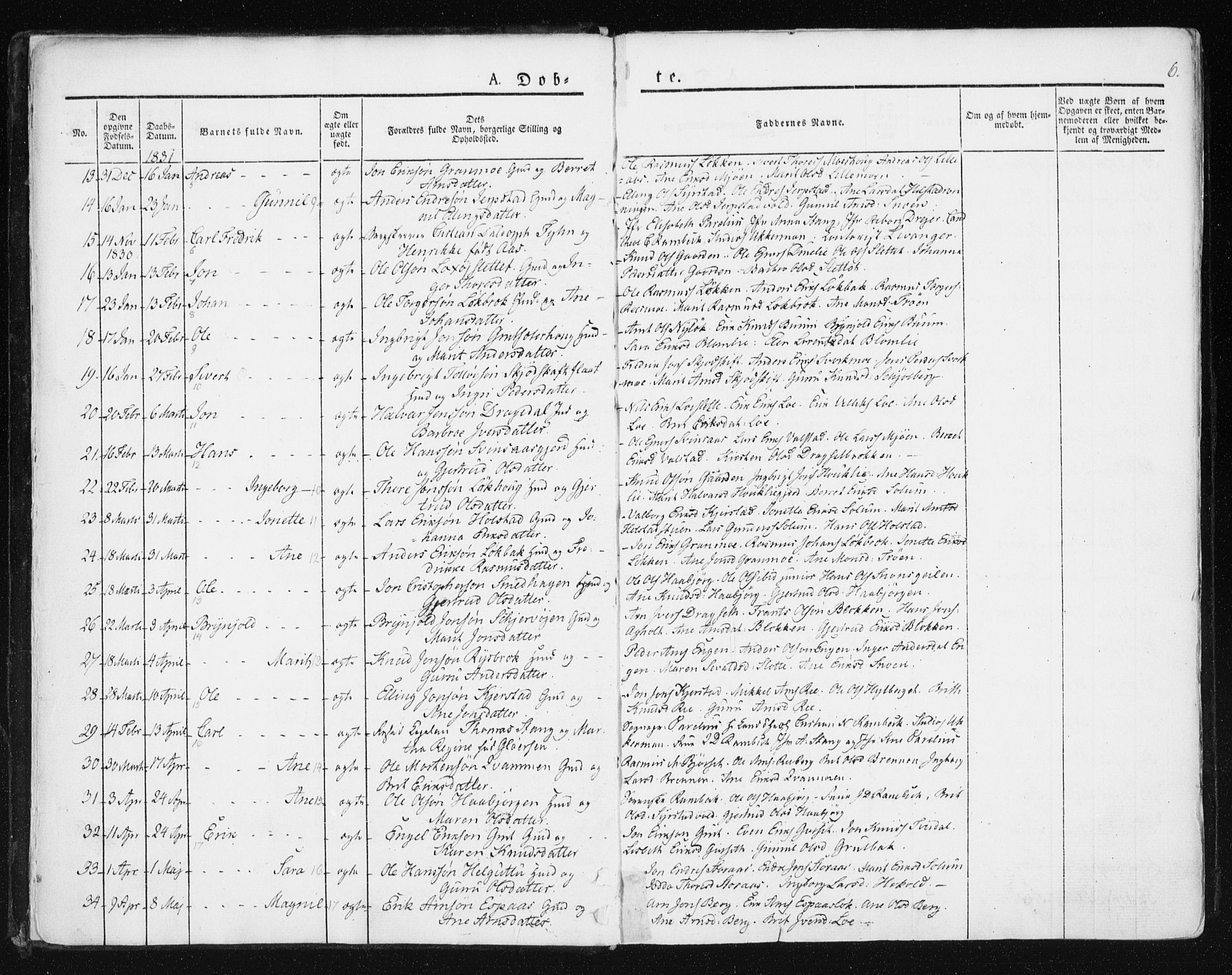 Ministerialprotokoller, klokkerbøker og fødselsregistre - Sør-Trøndelag, SAT/A-1456/672/L0855: Parish register (official) no. 672A07, 1829-1860, p. 6