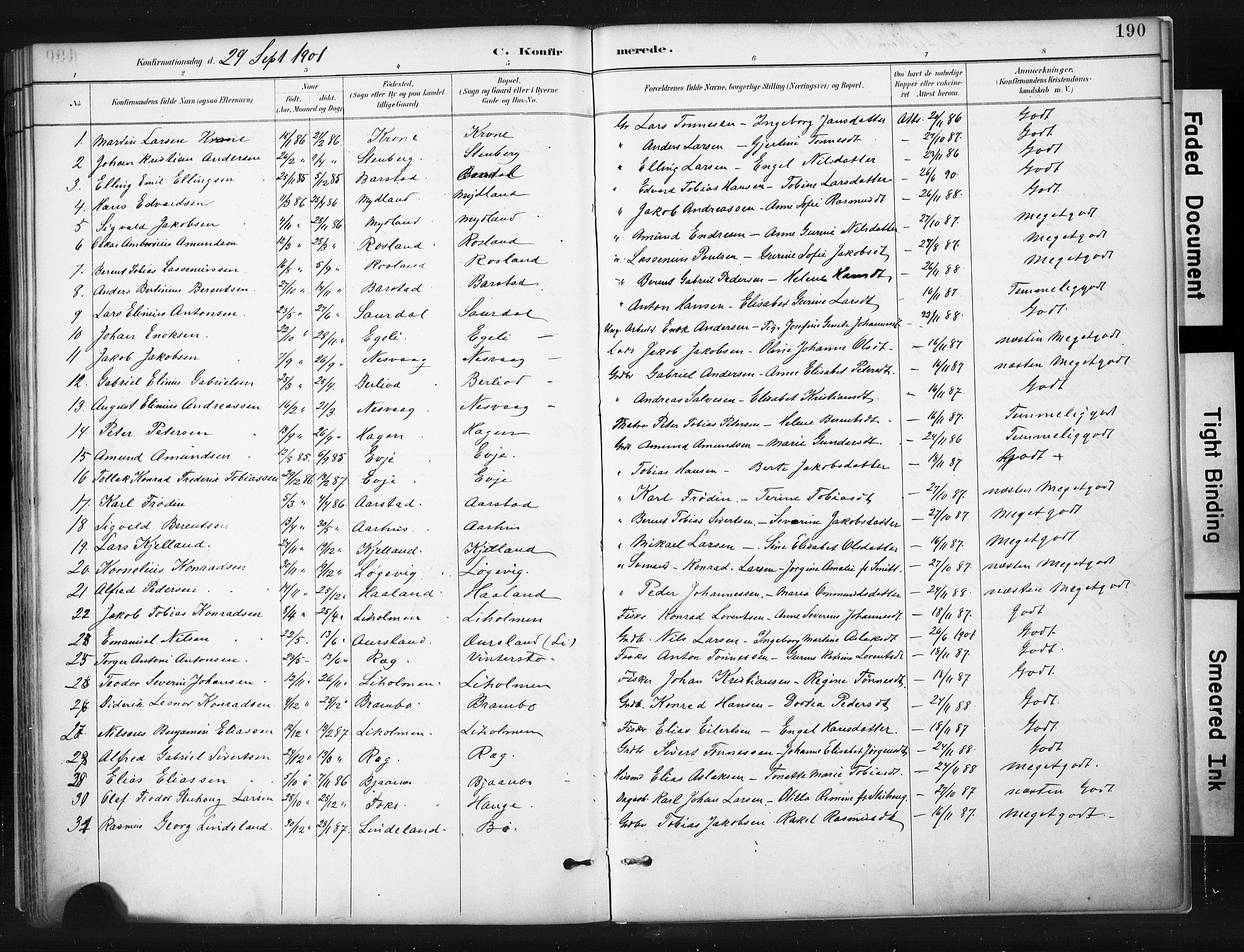 Sokndal sokneprestkontor, AV/SAST-A-101808: Parish register (official) no. A 11.1, 1887-1905, p. 190