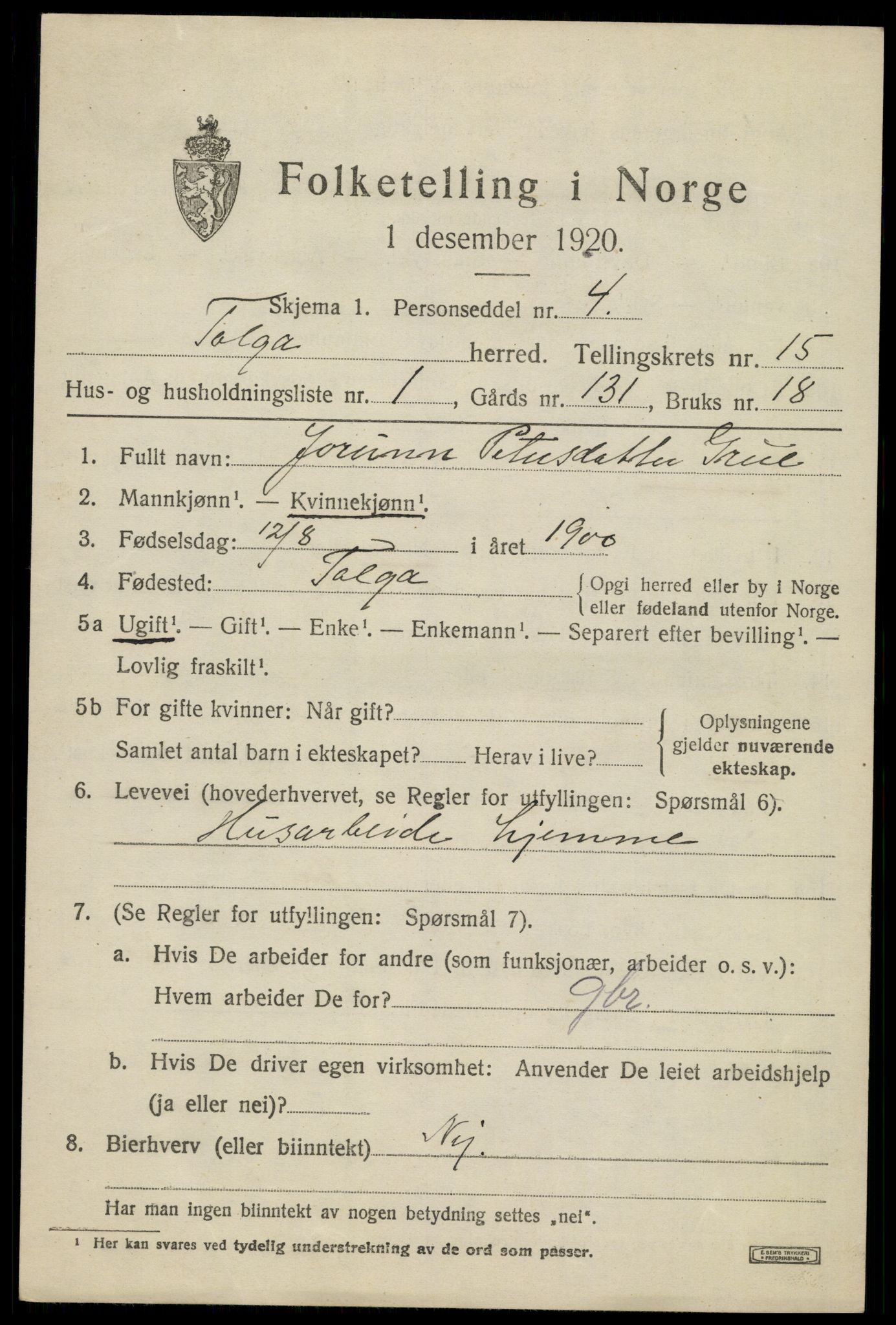 SAH, 1920 census for Tolga, 1920, p. 6877