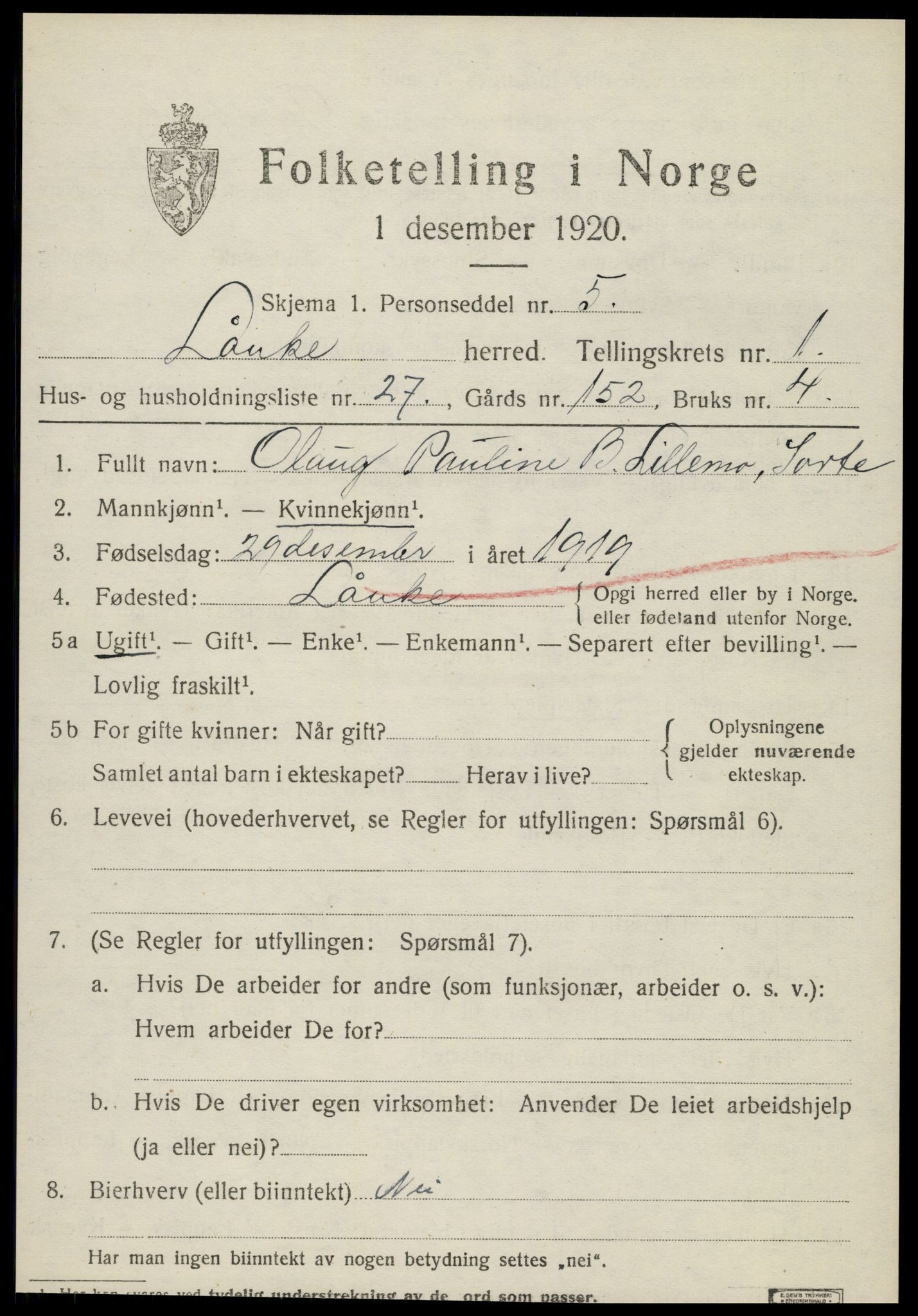 SAT, 1920 census for Lånke, 1920, p. 860