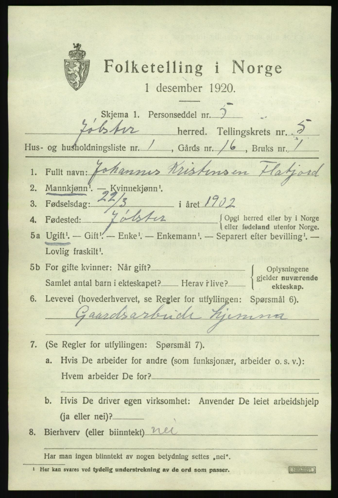 SAB, 1920 census for Jølster, 1920, p. 2934