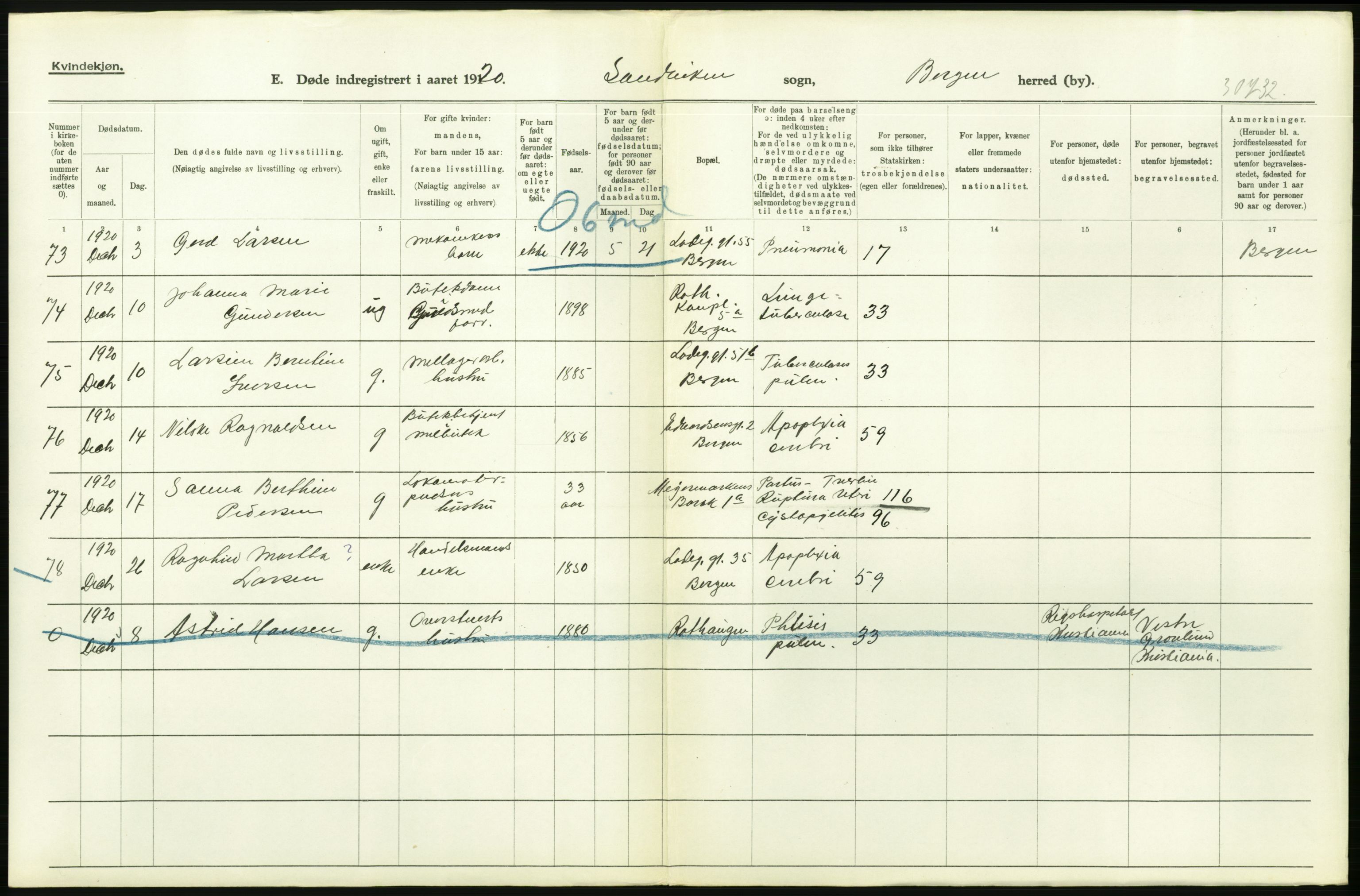 Statistisk sentralbyrå, Sosiodemografiske emner, Befolkning, AV/RA-S-2228/D/Df/Dfb/Dfbj/L0042: Bergen: Gifte, døde, dødfødte., 1920, p. 478