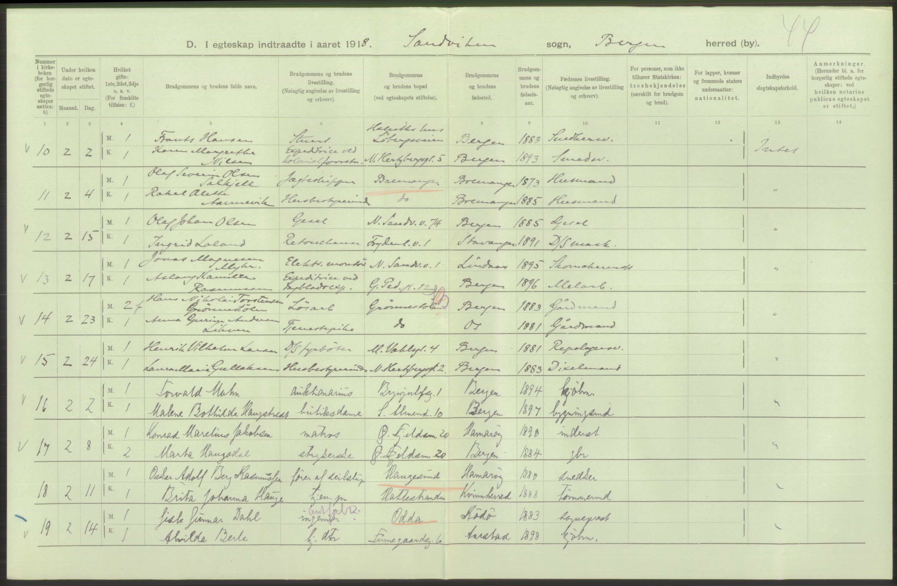 Statistisk sentralbyrå, Sosiodemografiske emner, Befolkning, RA/S-2228/D/Df/Dfb/Dfbh/L0038: Bergen: Gifte, dødfødte., 1918, p. 60