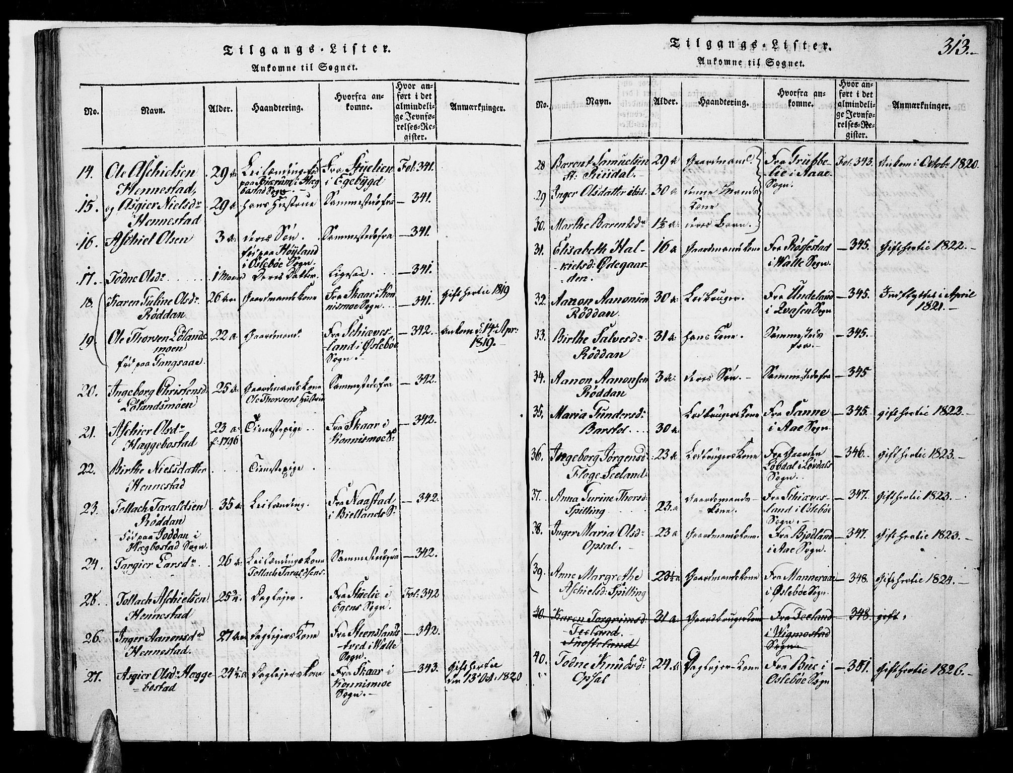 Nord-Audnedal sokneprestkontor, SAK/1111-0032/F/Fa/Fab/L0001: Parish register (official) no. A 1, 1816-1858, p. 313
